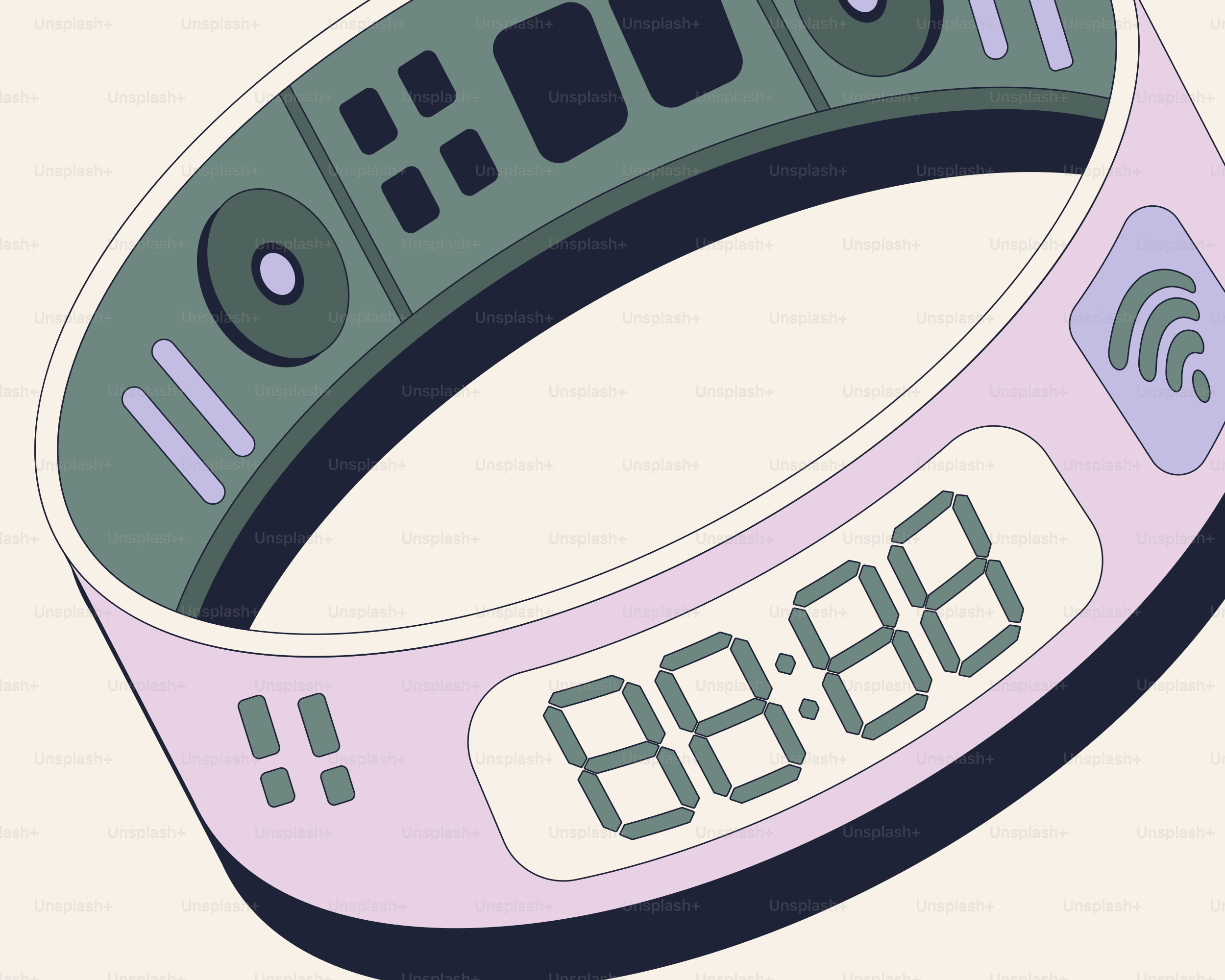 Eine futuristische Smartwatch mit digitalem Display und Symbolen.