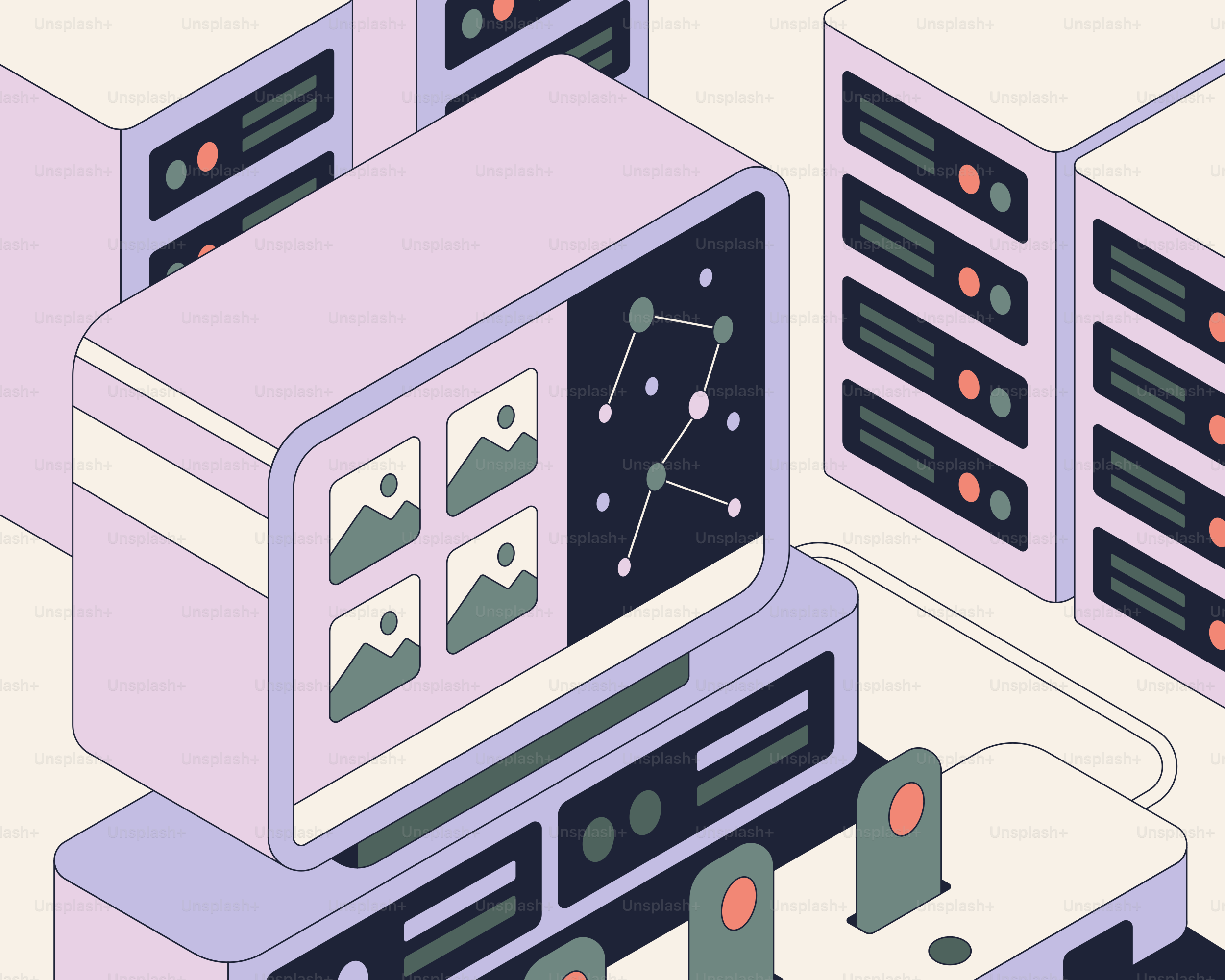 Isometric view of computer servers and a monitor.