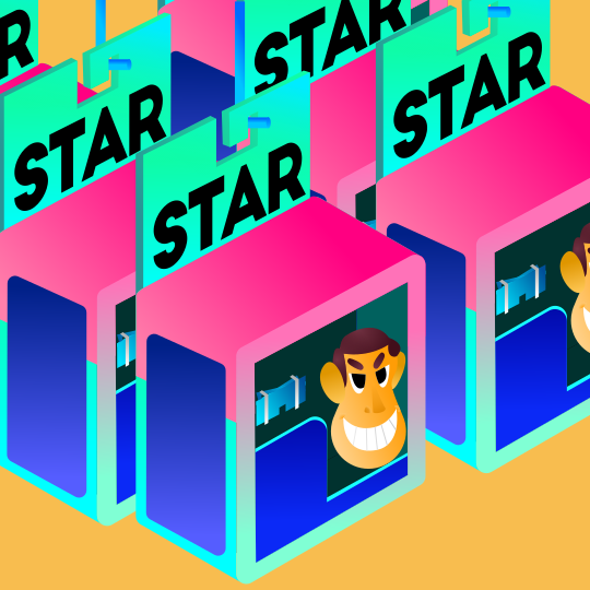 유리 스크린 뒤에 만화 캐릭터들이 줄지어 서 있다.