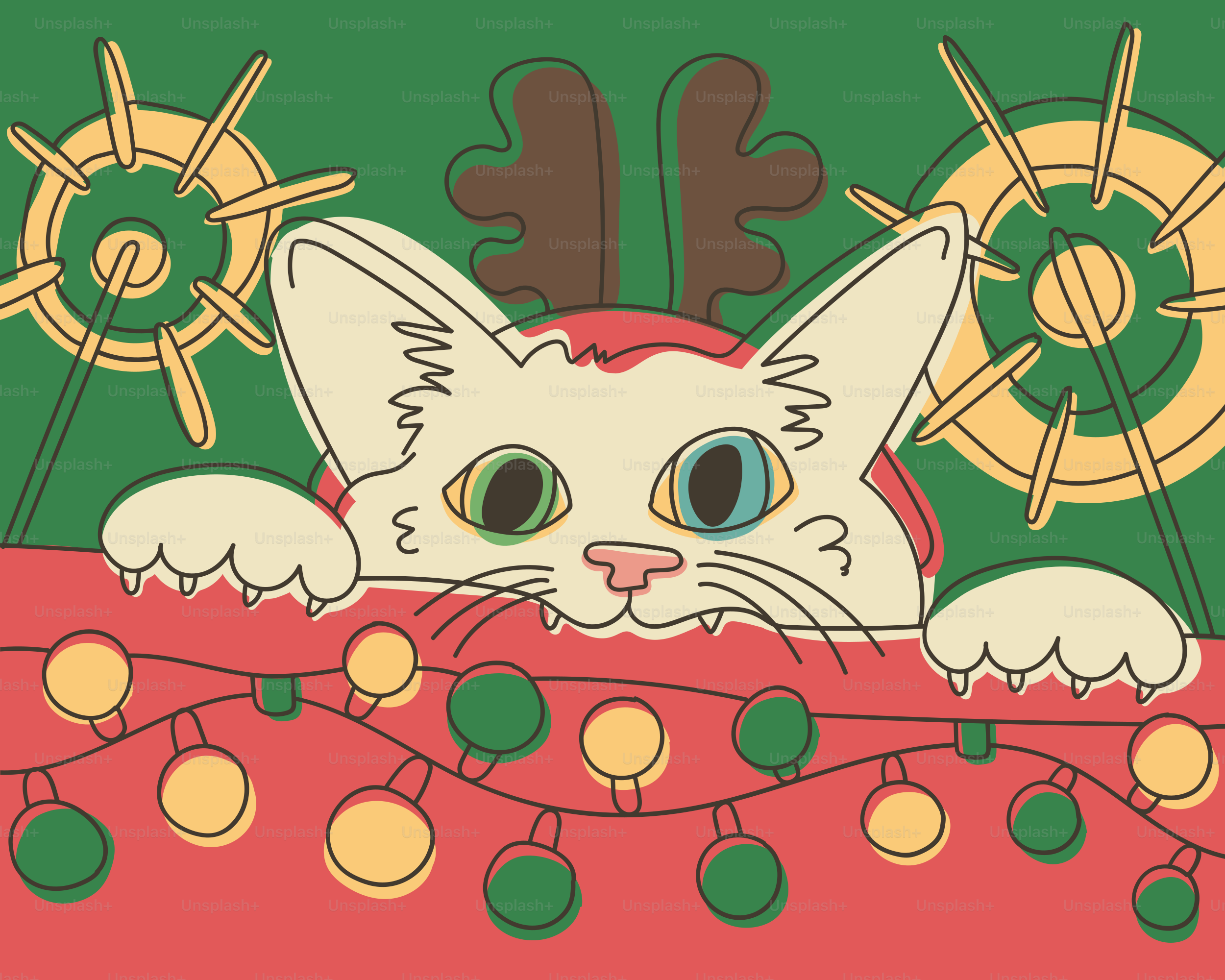 A cat wearing antlers peeks over christmas lights.