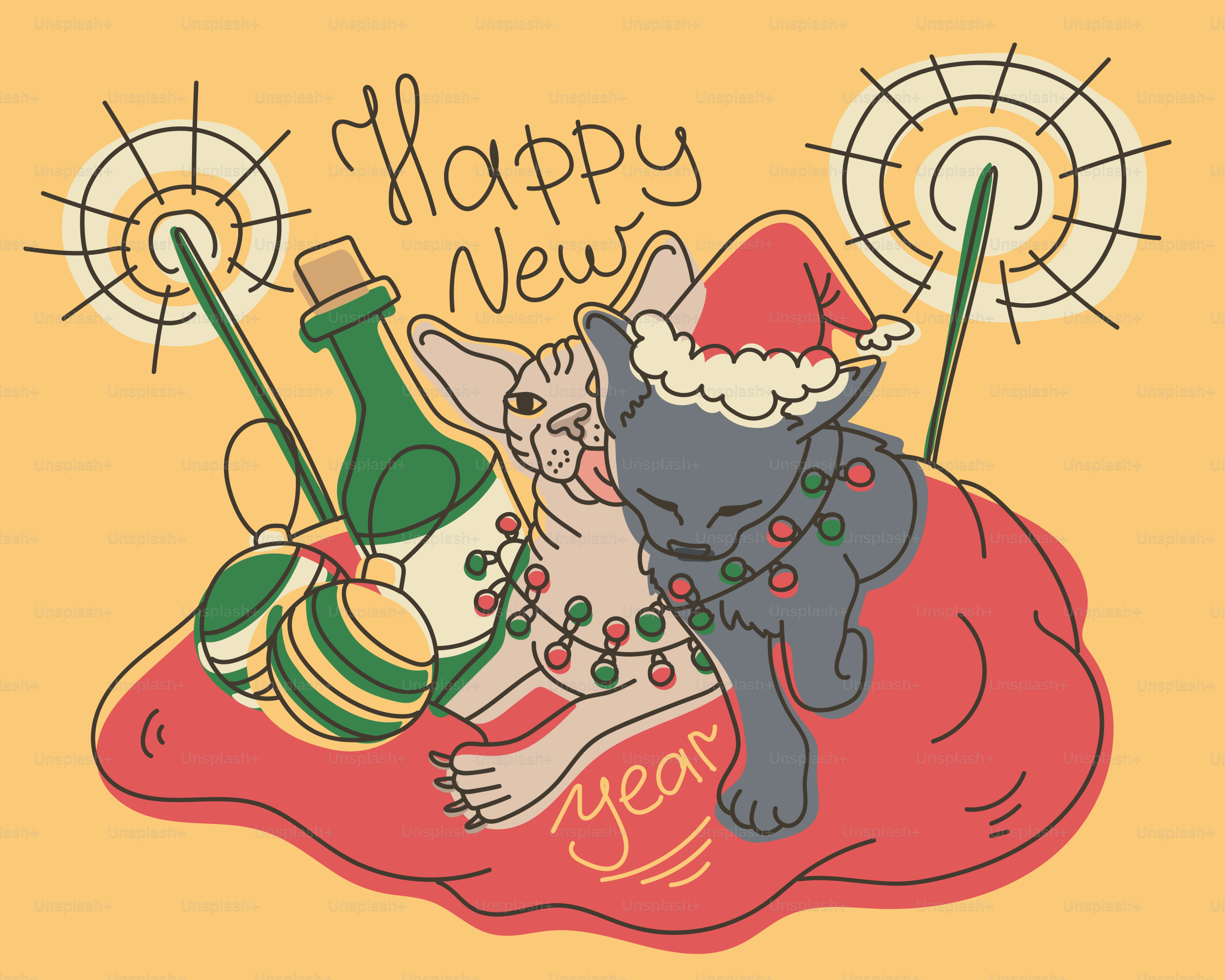 Two cats celebrating new year with sparklers and champagne