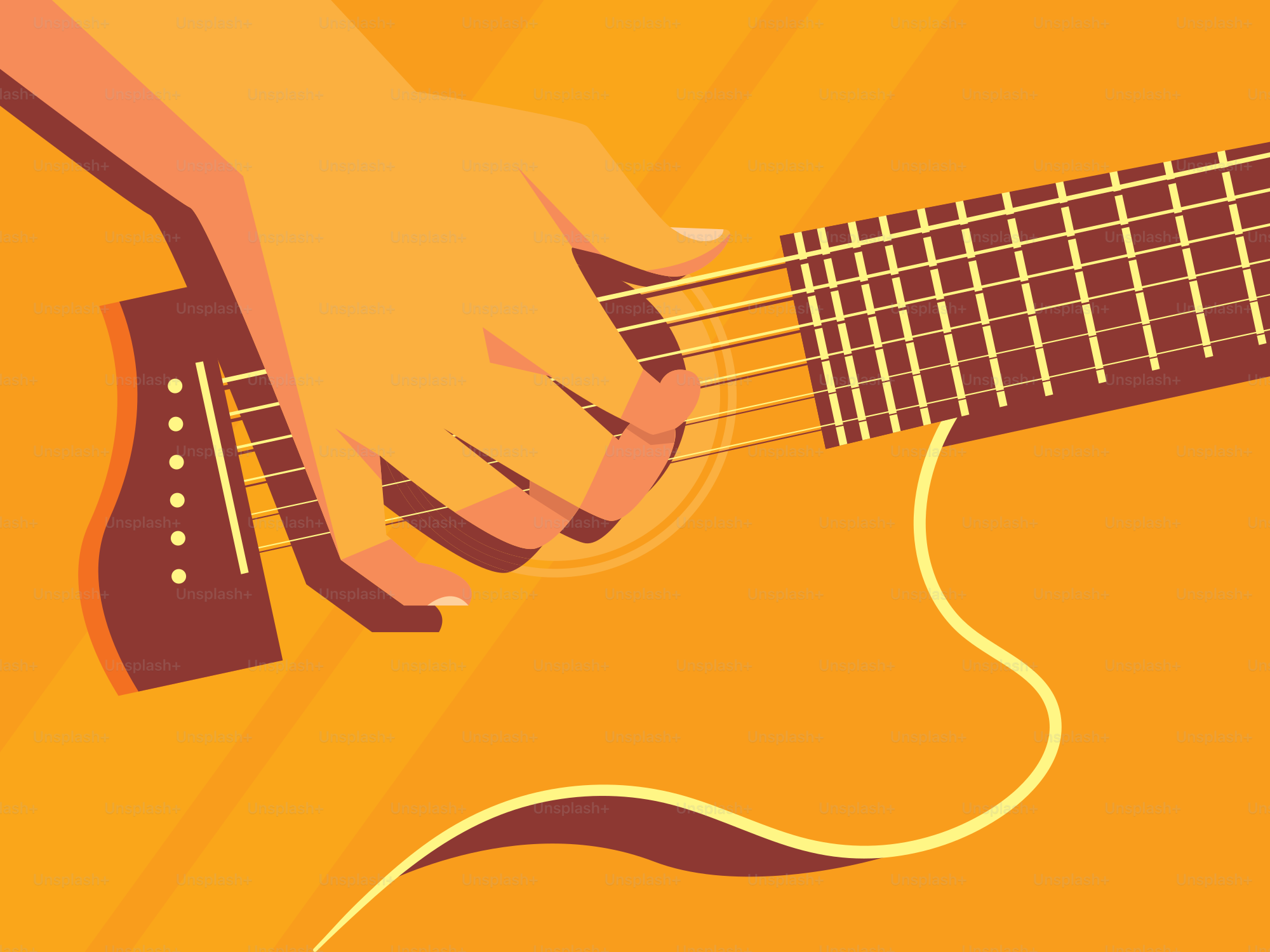 Jouer à la main d’une guitare acoustique sur fond jaune
