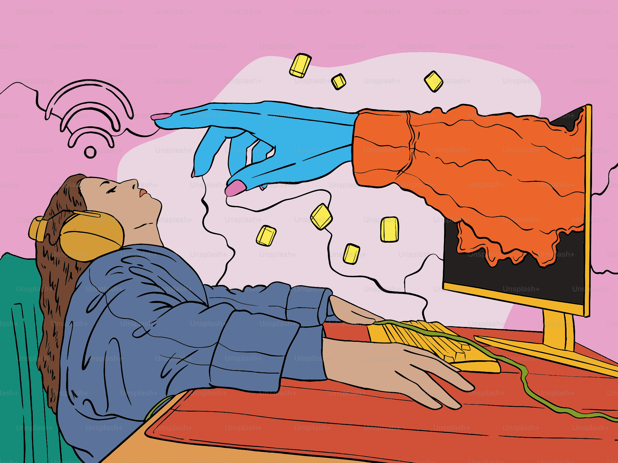 Person reaching out from computer screen to person