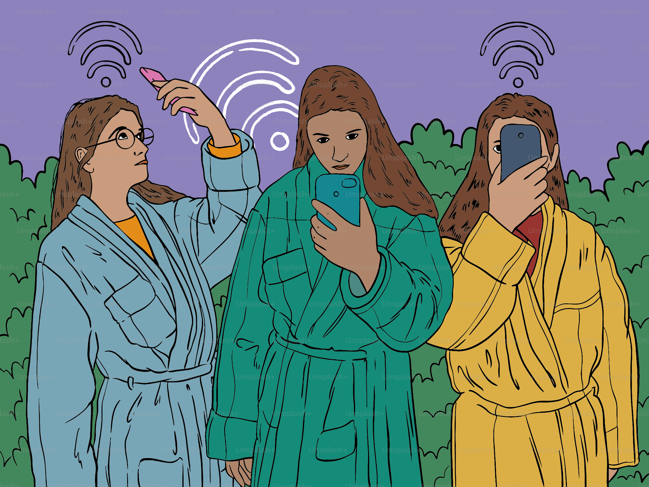 Three women in robes using smartphones with wifi signals