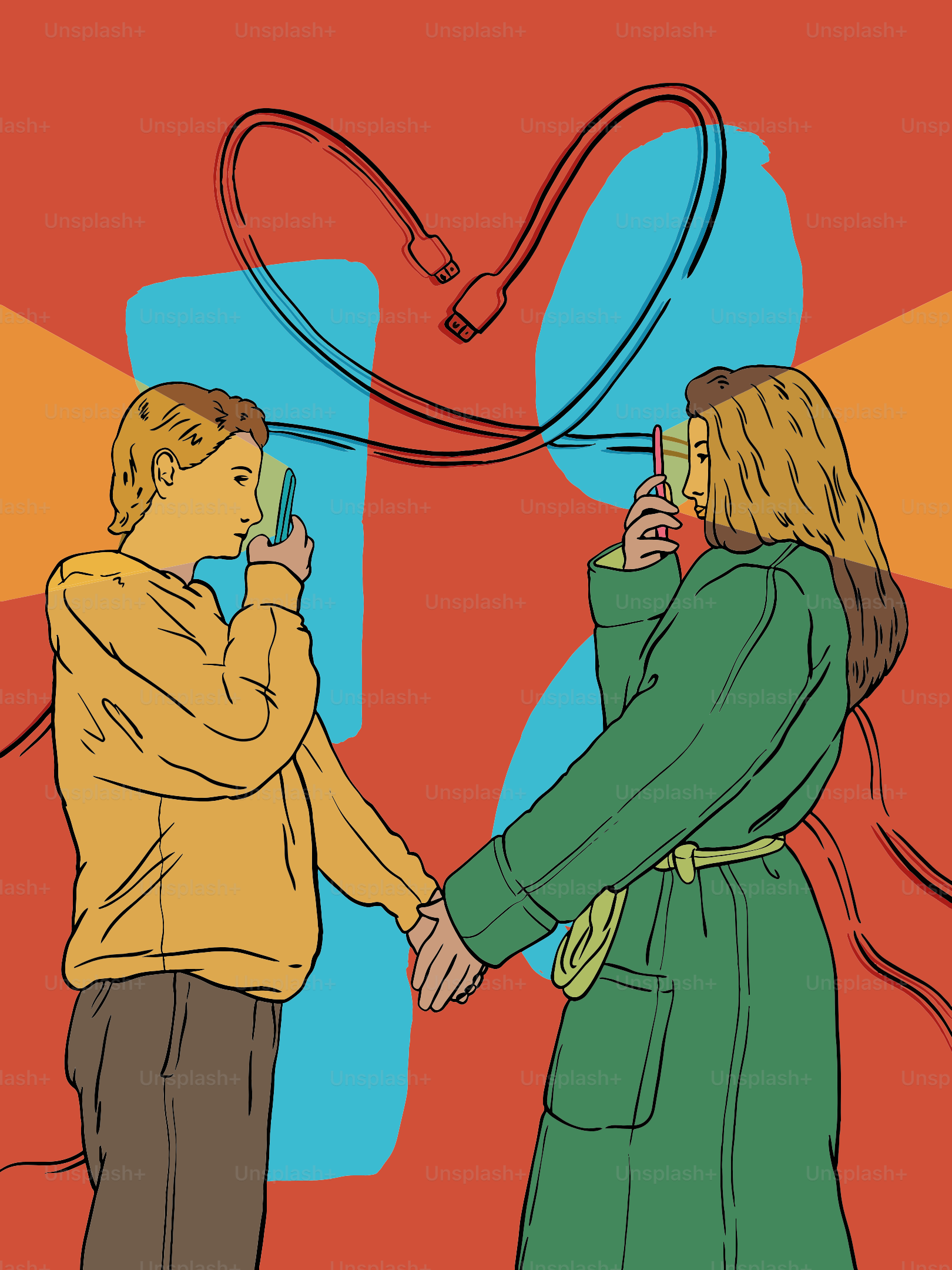 Couple holding hands, talking on phones, heart shape cable