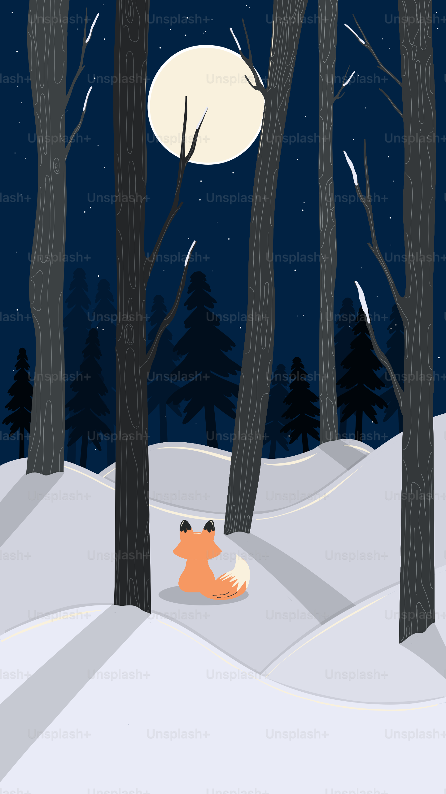 Un renard est assis dans une forêt enneigée sous la lune