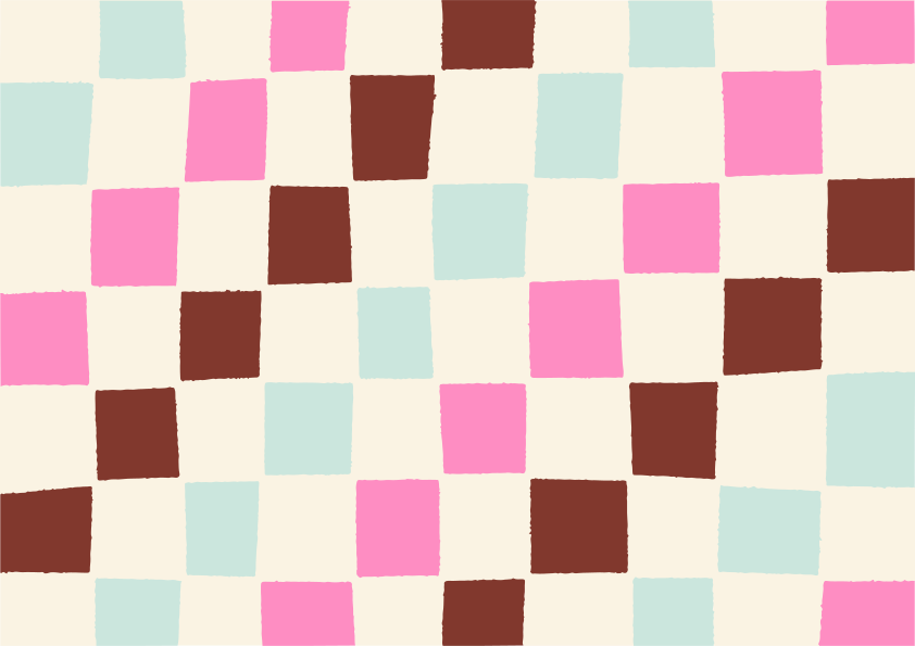 A checkered pattern with cream, pink, blue, and brown squares.