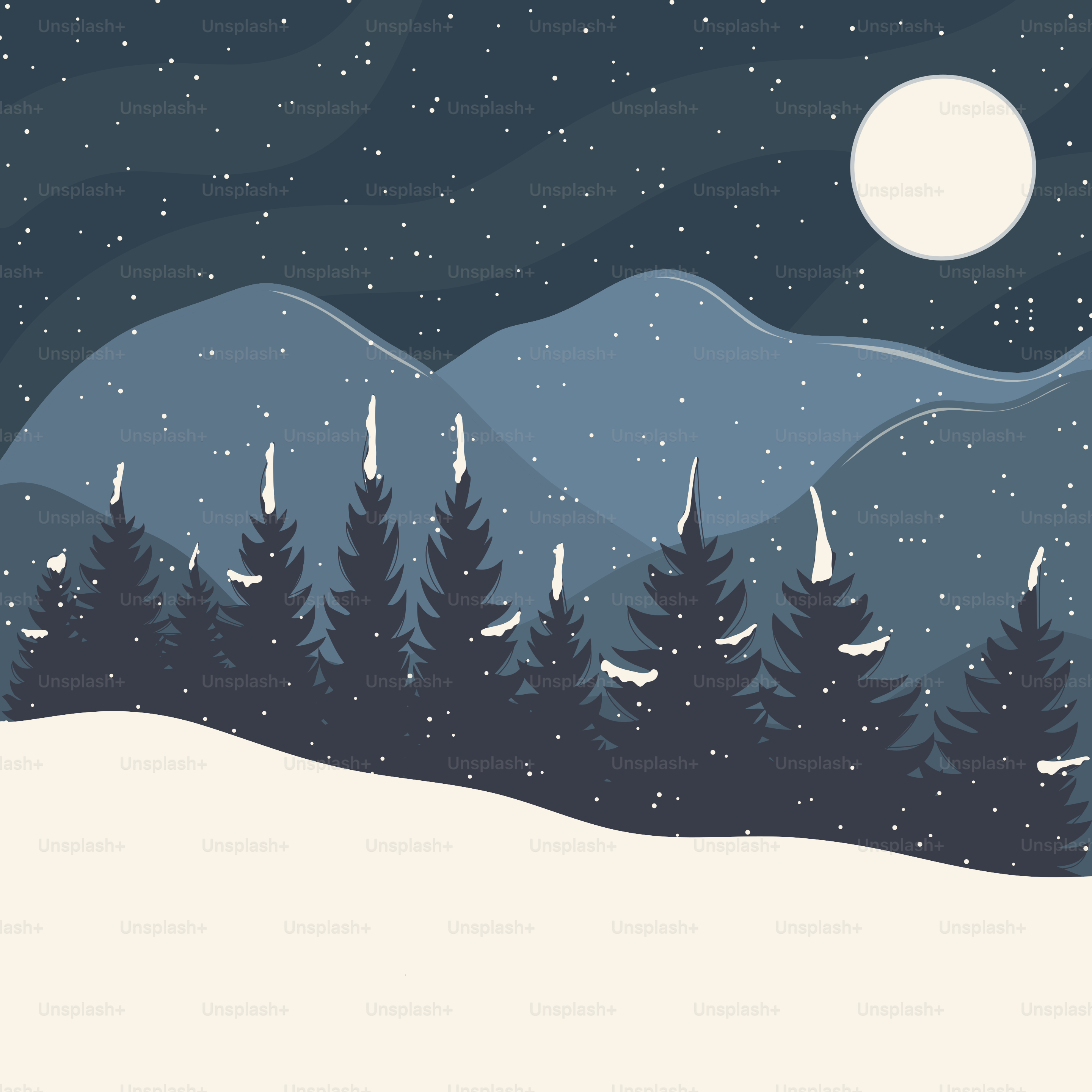 Snowy forest with mountains under a full moon