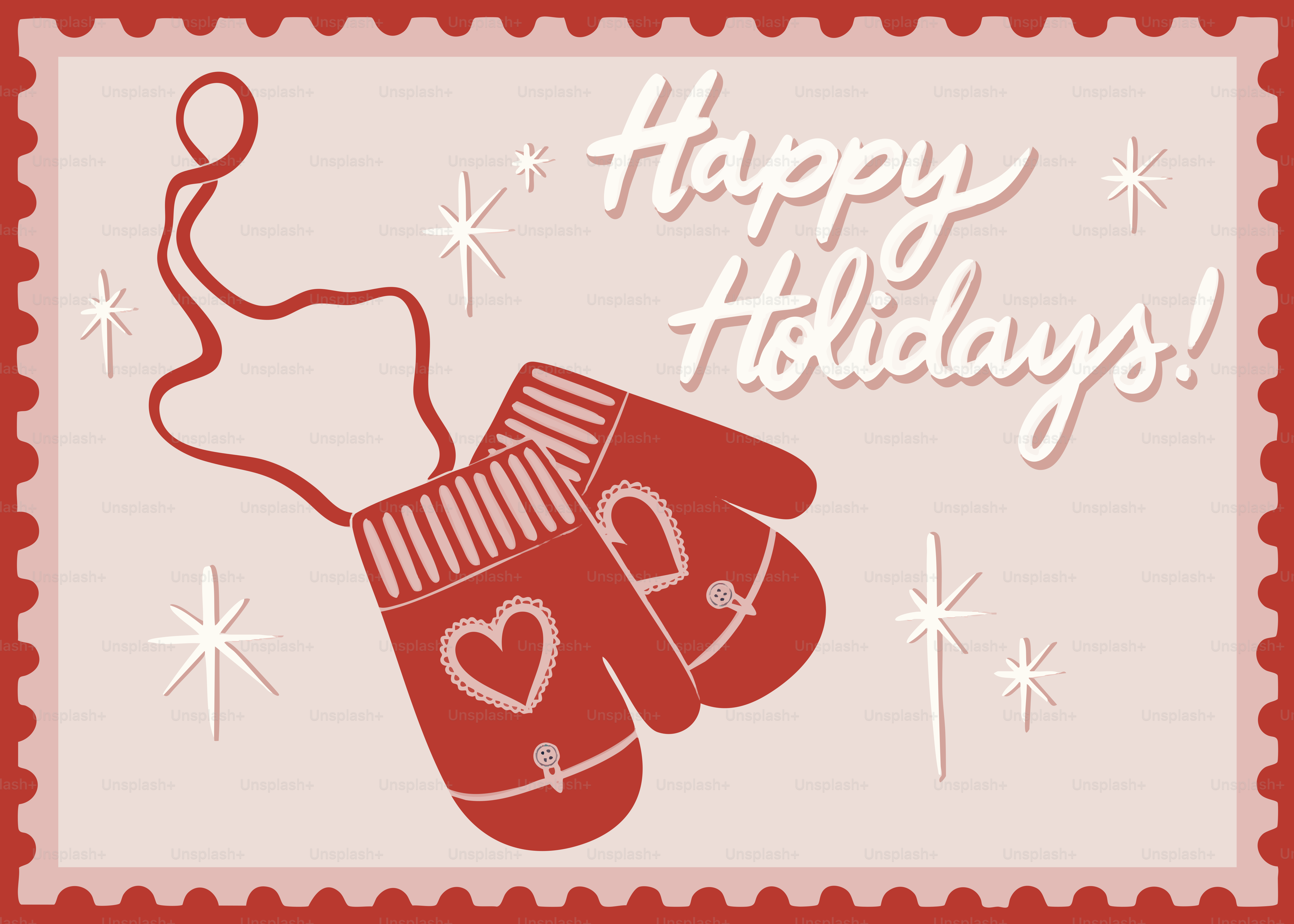 Happy holidays with red mittens and stars