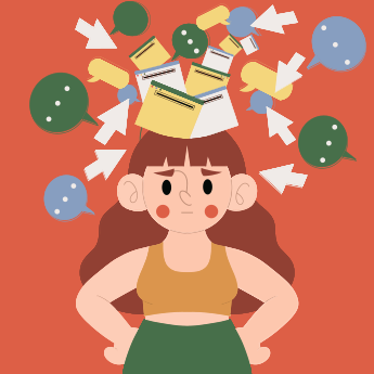 Overwhelmed person with many thoughts and messages.