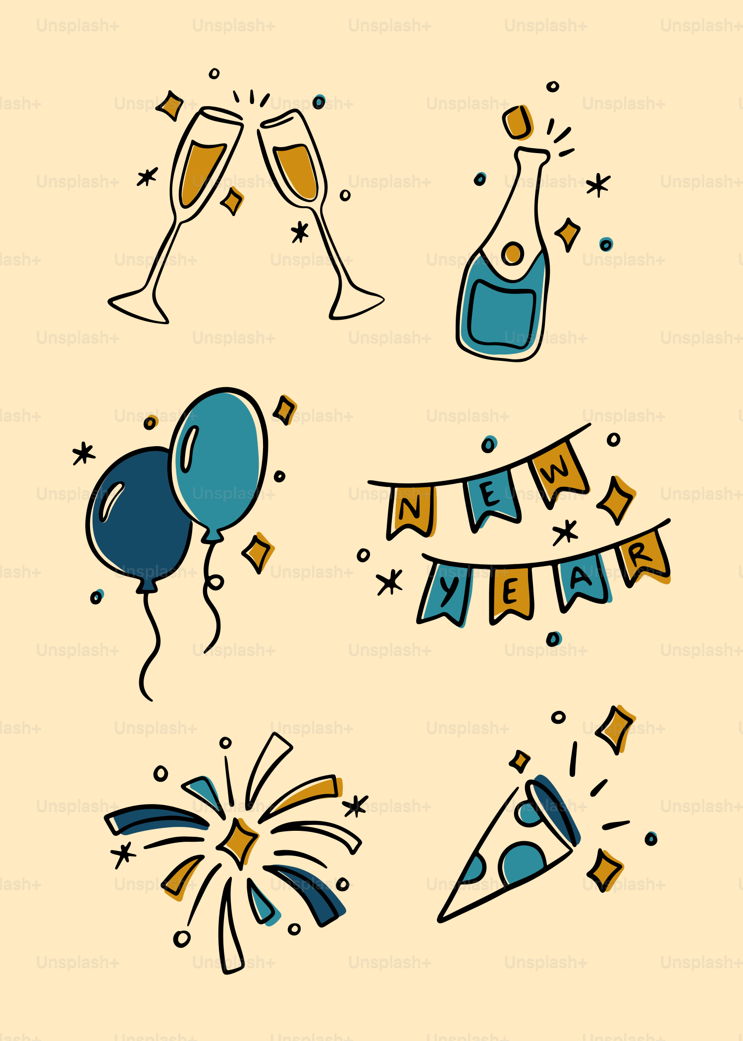 New year's celebration elements with champagne and balloons