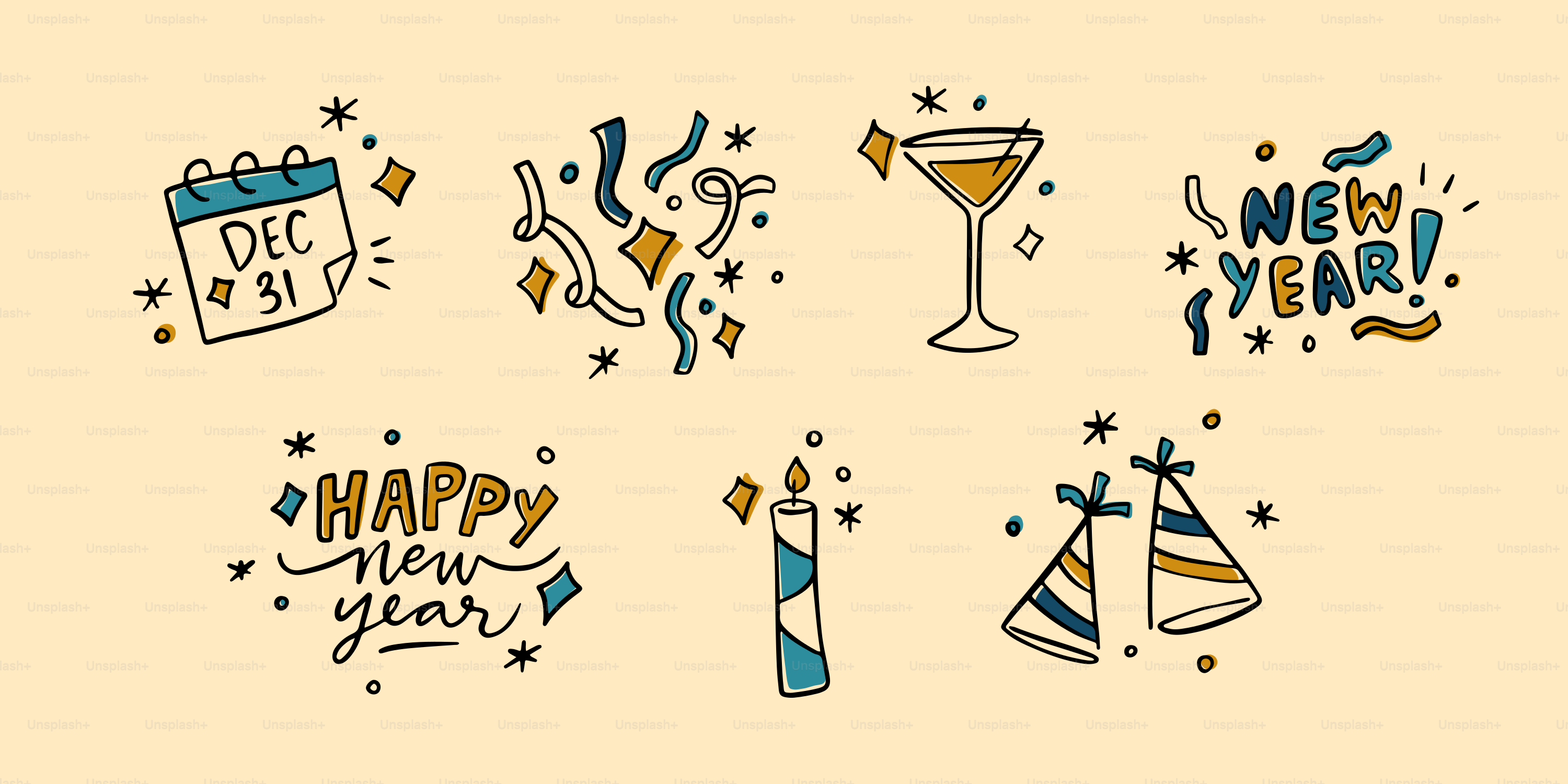 New year's eve celebration icons and text.