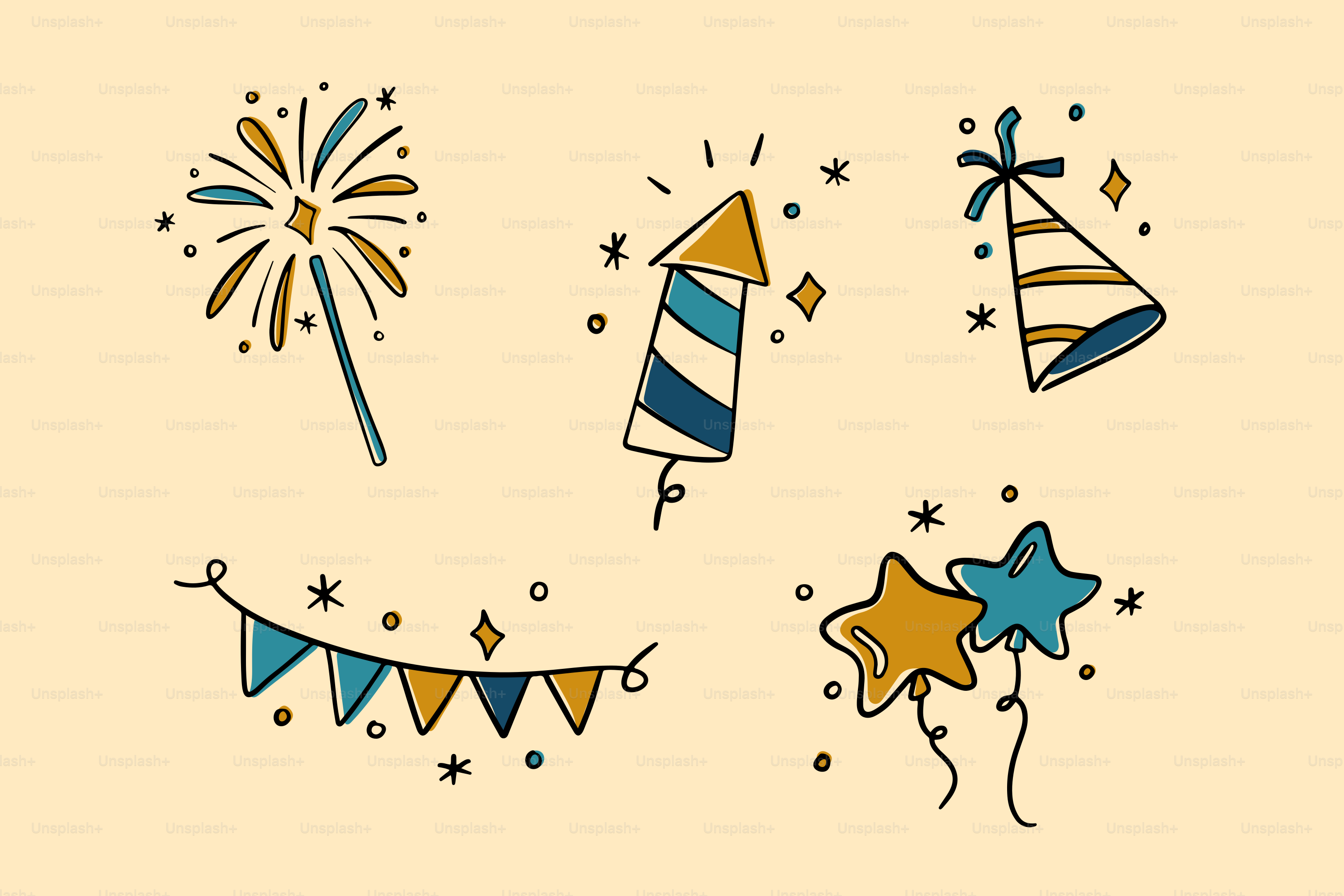 Celebration elements including fireworks, party hat, and banner.