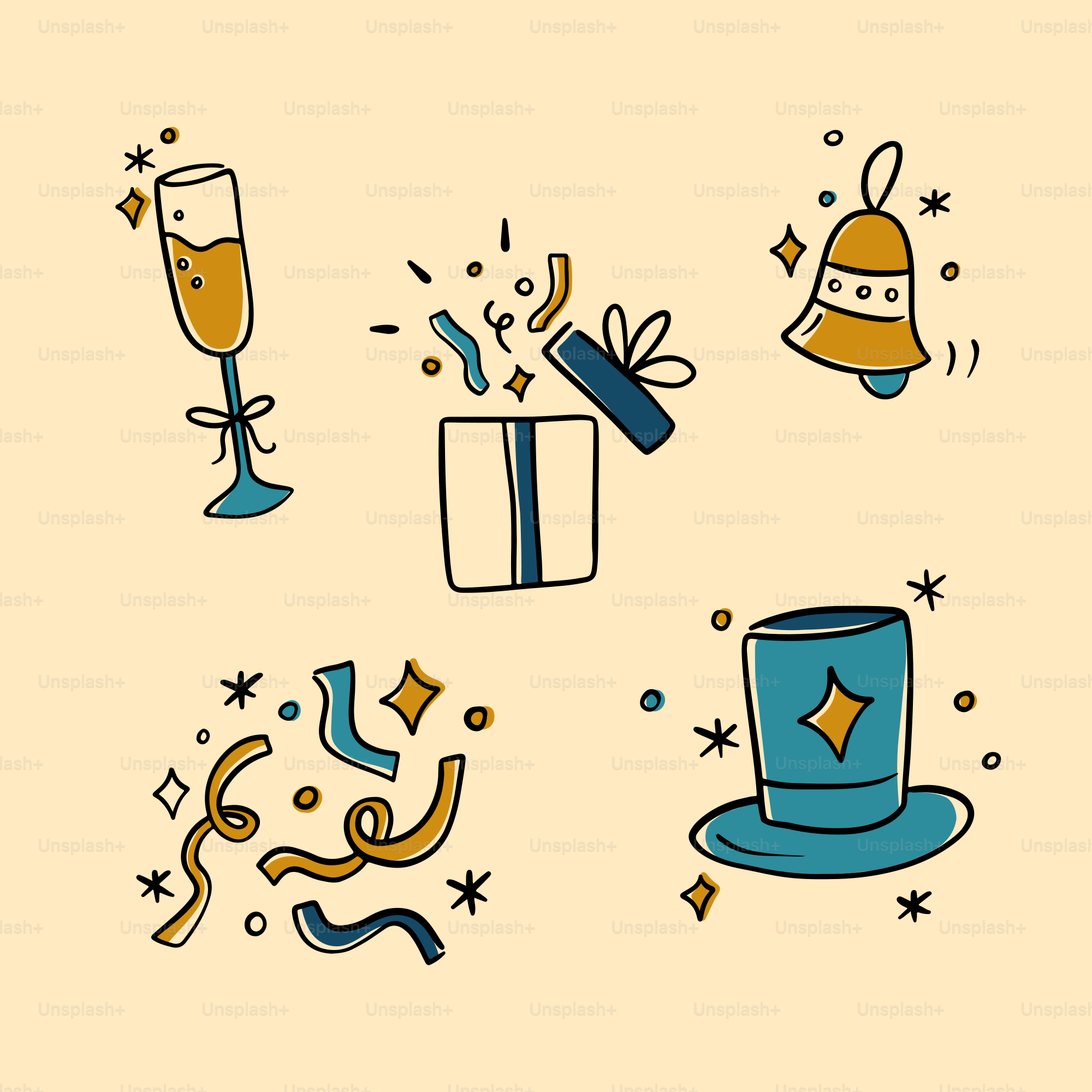Celebration elements including champagne, gift, bell, confetti, and hat.