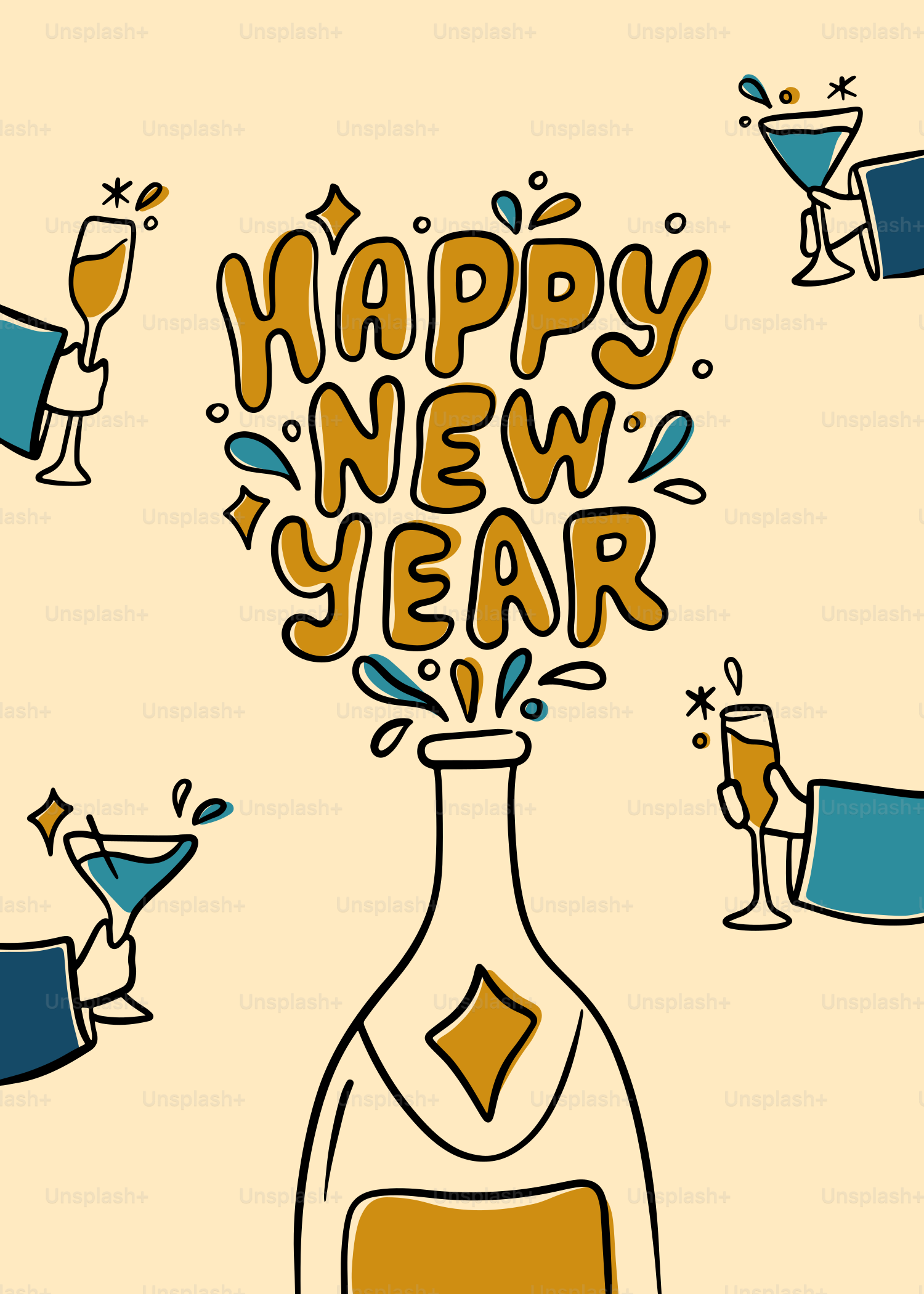 Happy new year text exploding from bottle with champagne glasses.