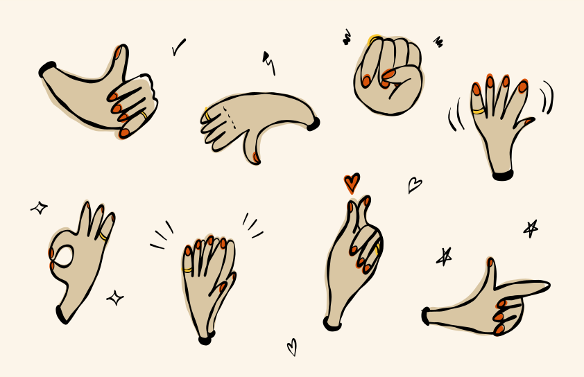 Collection of illustrated hands making different gestures.