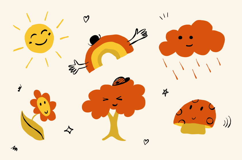 Sole, arcobaleno, nuvola, fiore, albero e fungo da cartone animato fantasioso.