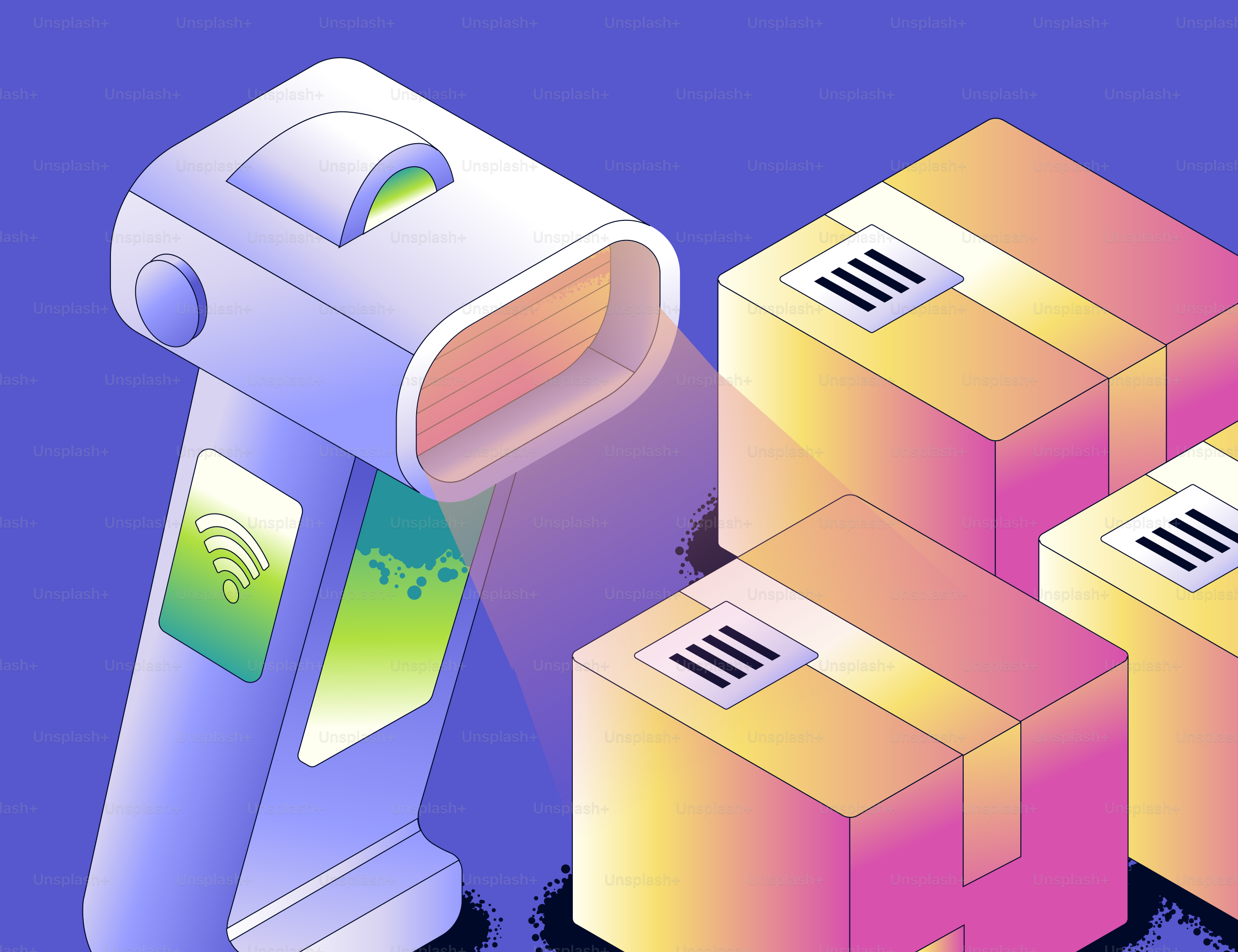 Barcode scanner and shipping boxes on blue background