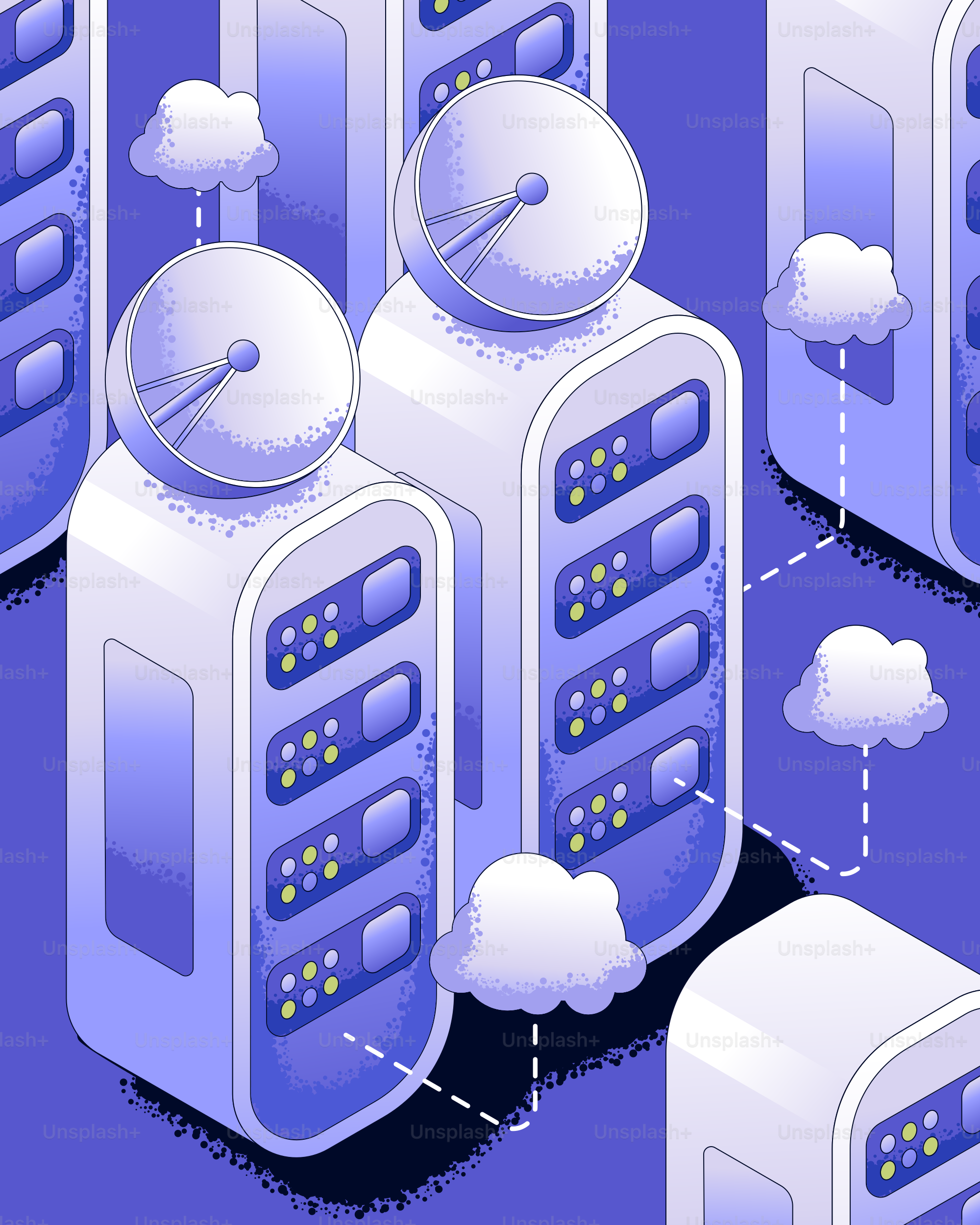 Servers with satellite dishes and cloud connections