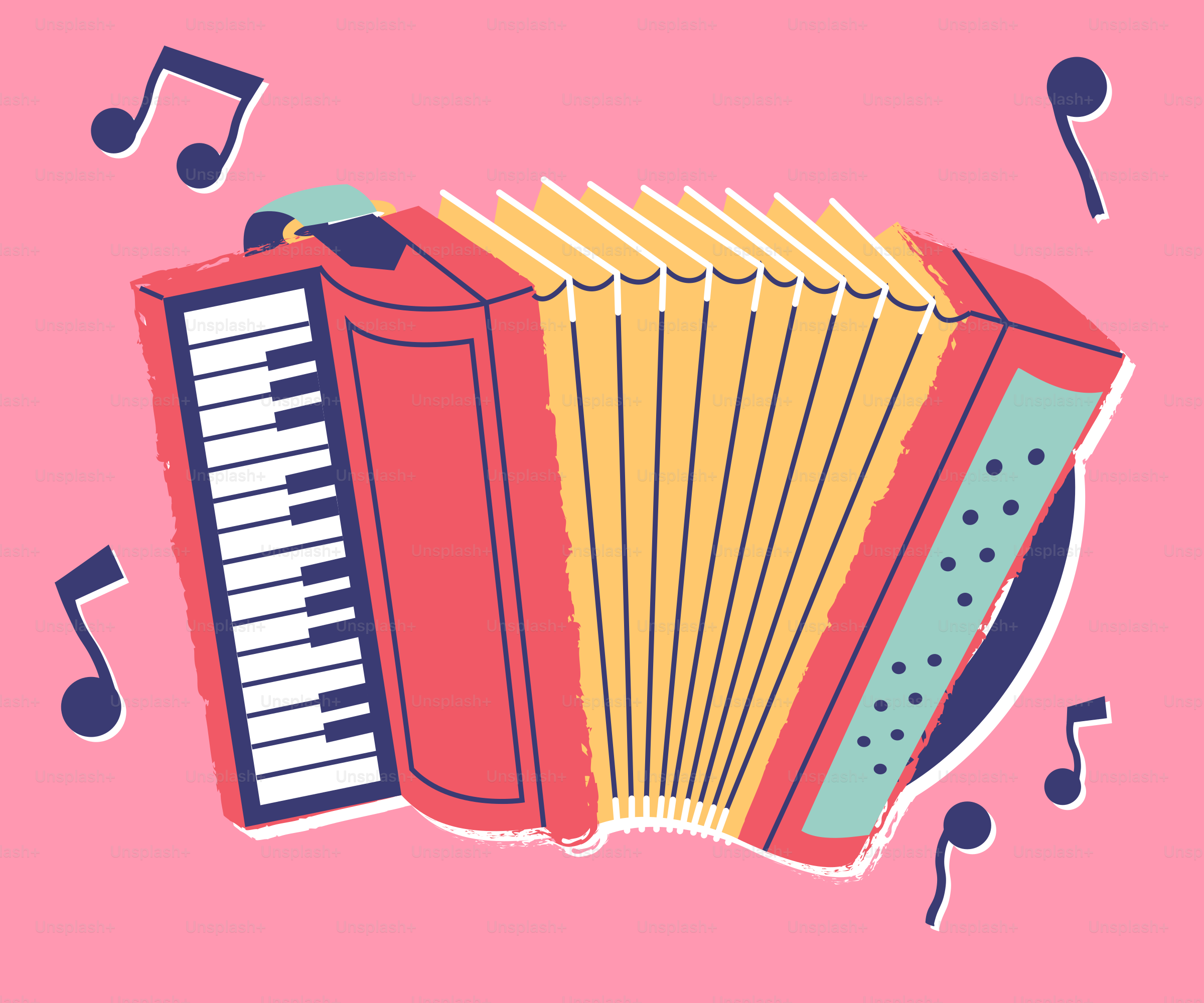 Un acordeón rojo con notas musicales