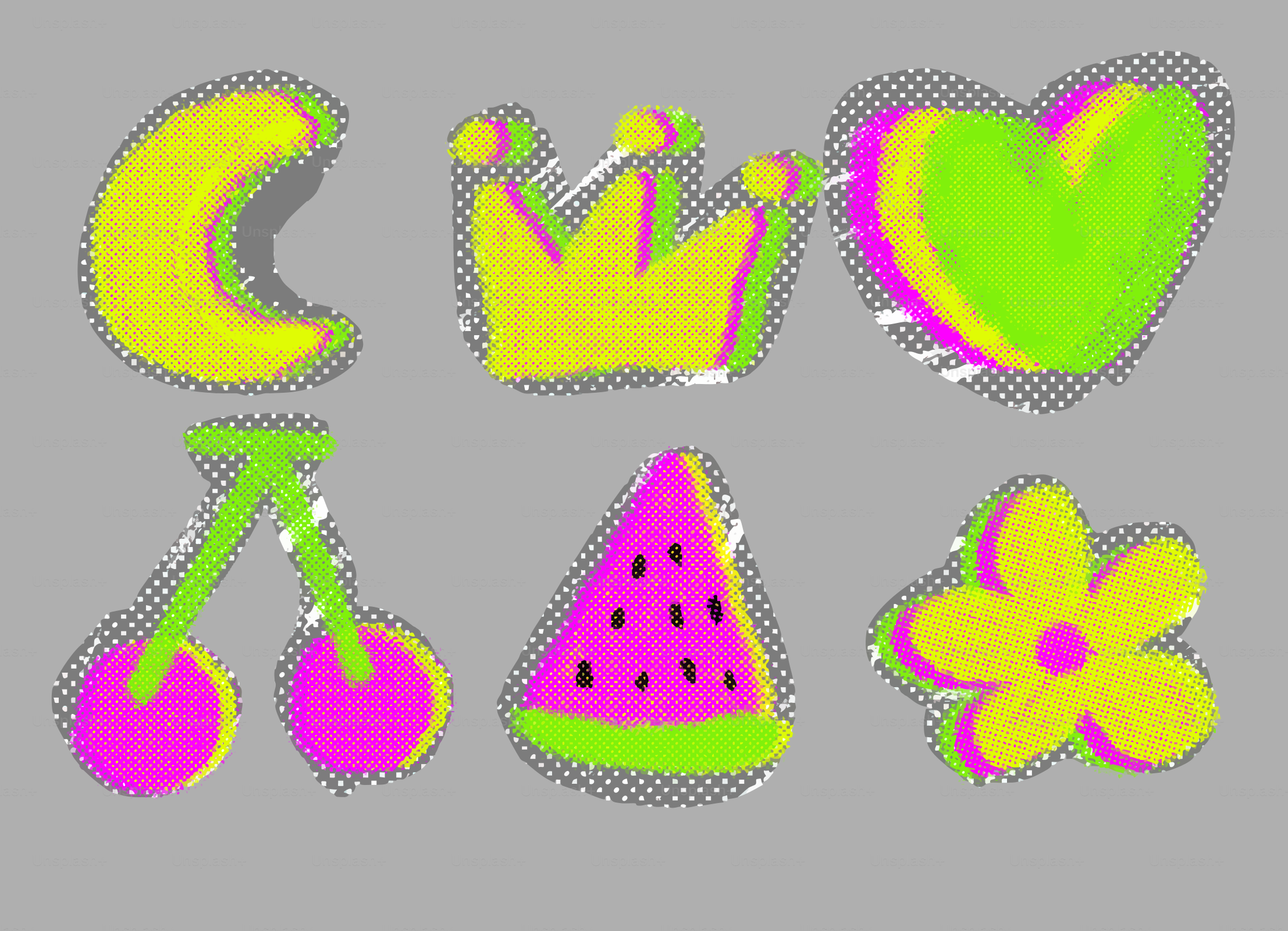 Six colorful cartoon icons on gray background