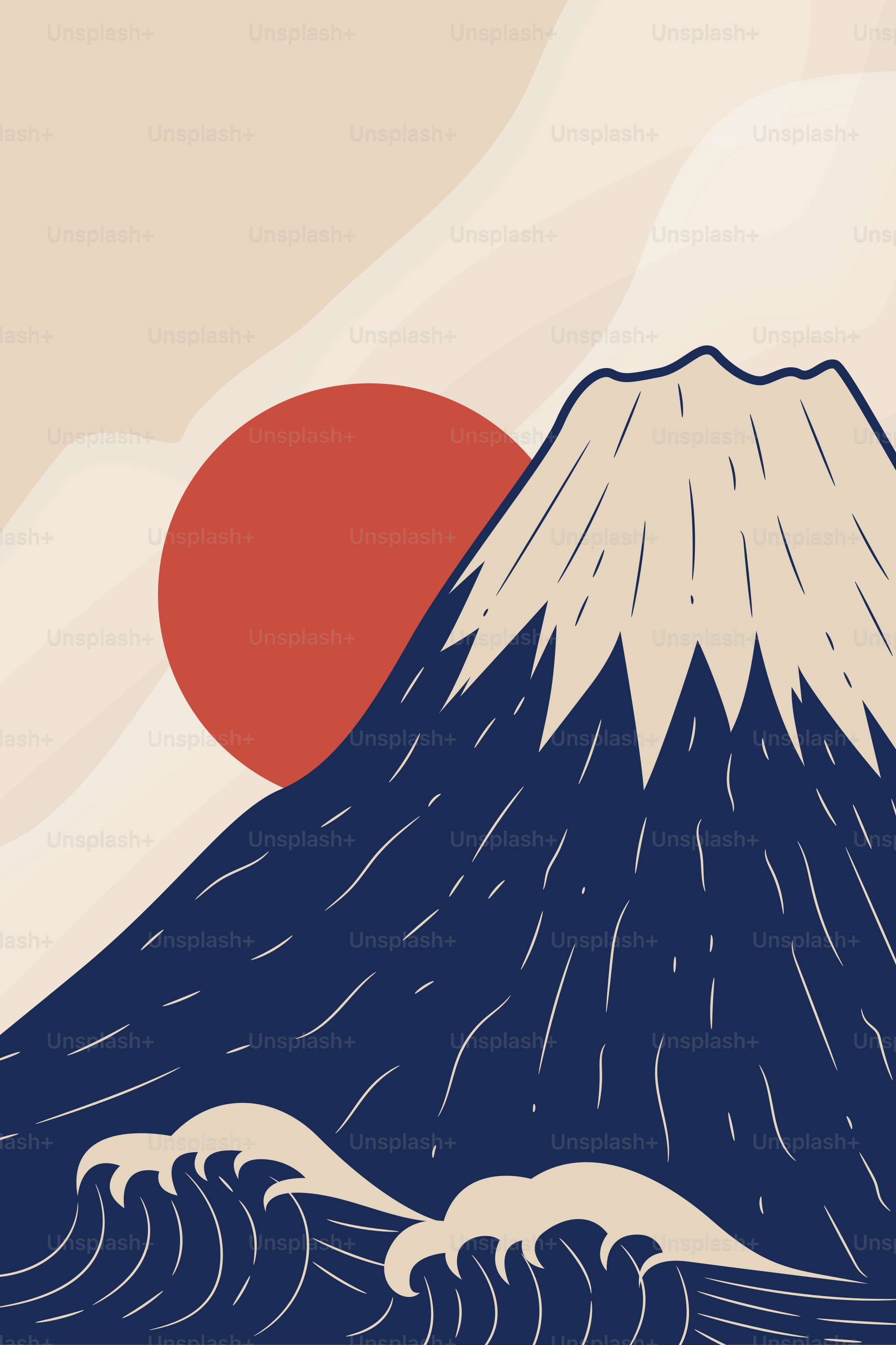 Fuji mit Sonne und Meereswellen