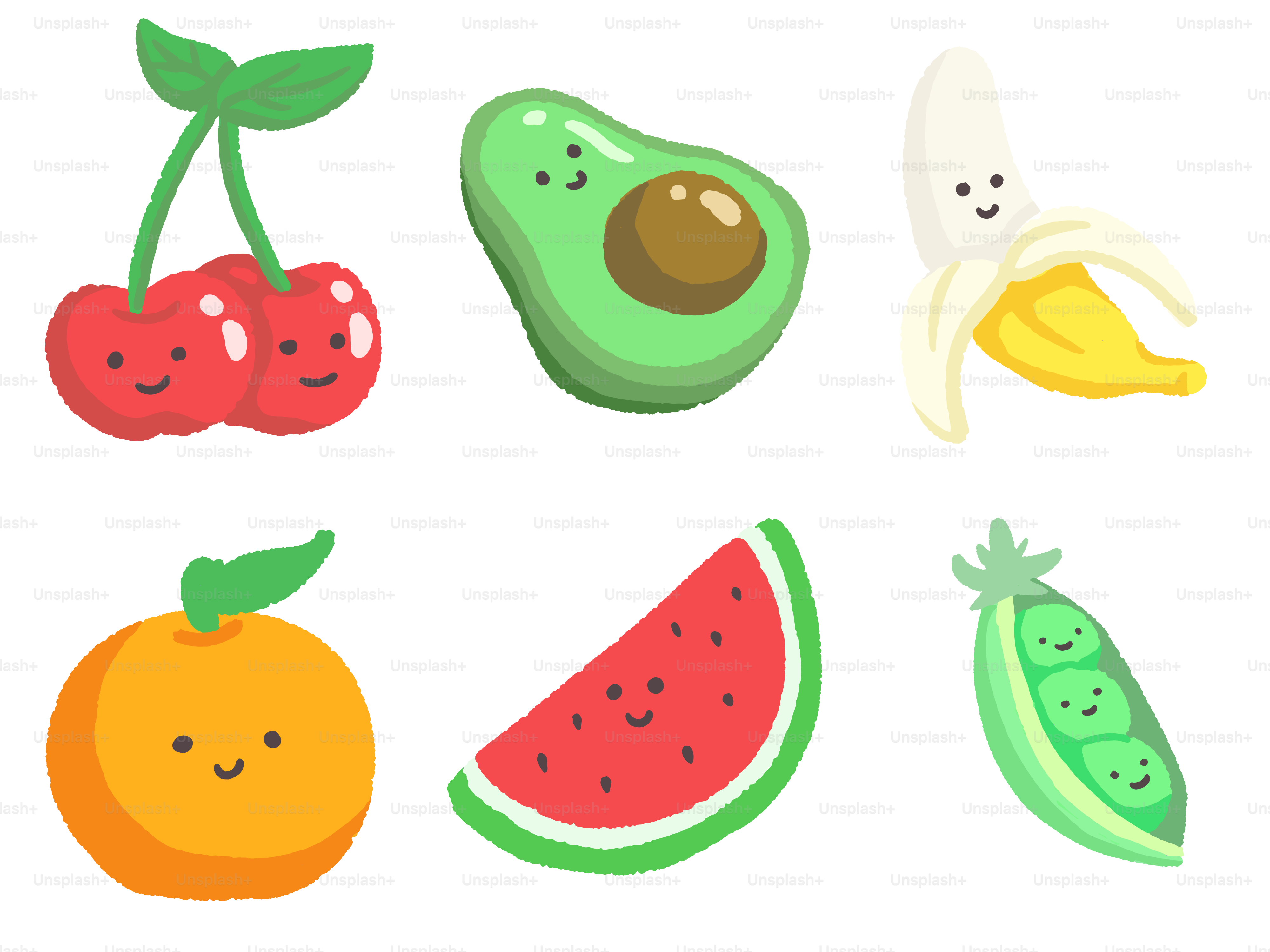 Cute cartoon fruits and vegetables with faces.