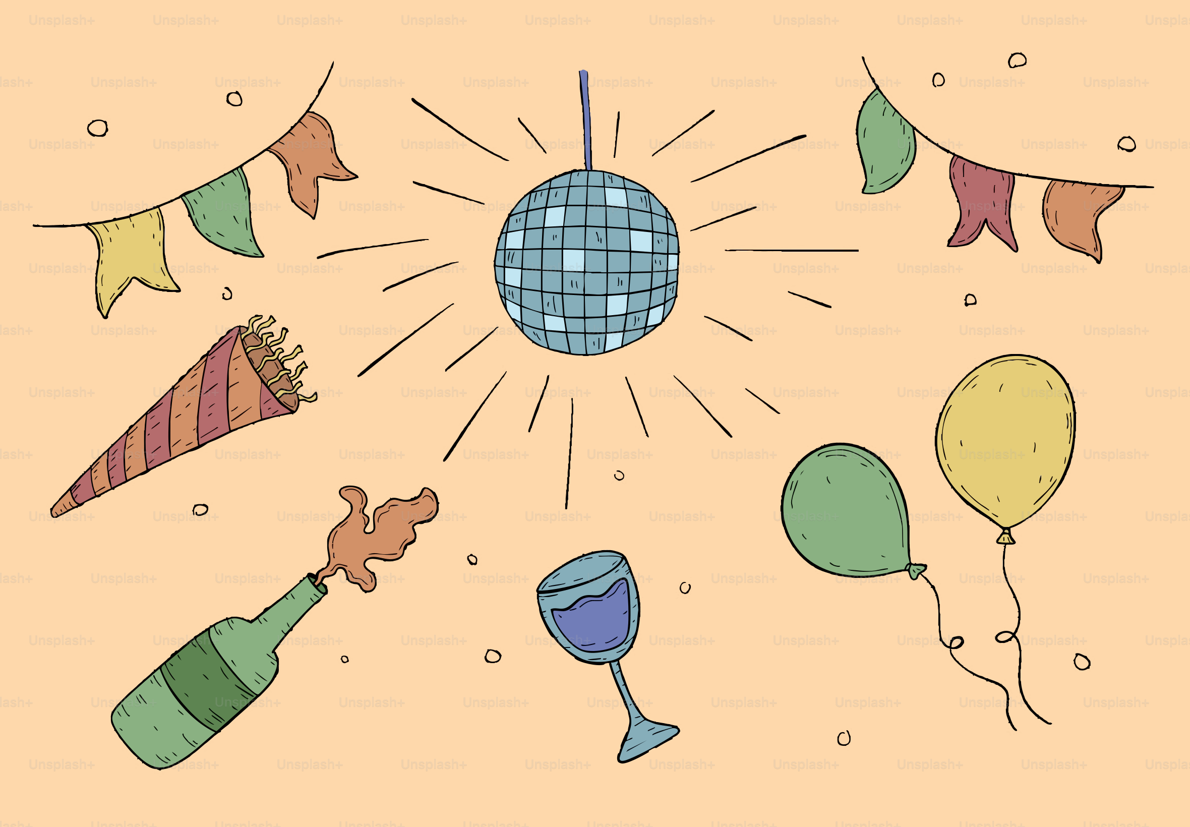 Disco ball and party decorations with balloons