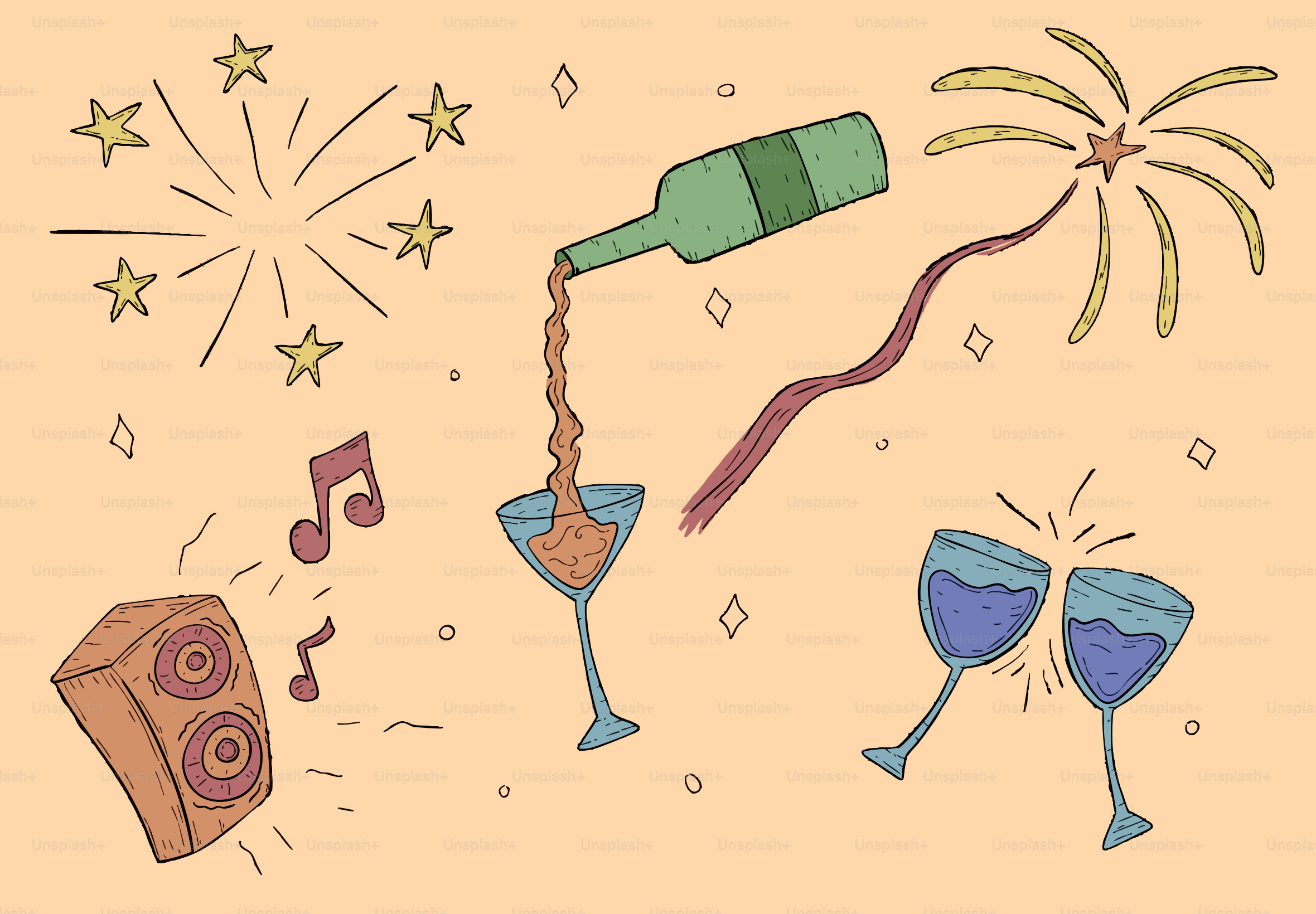 Celebration with drinks, music, and fireworks