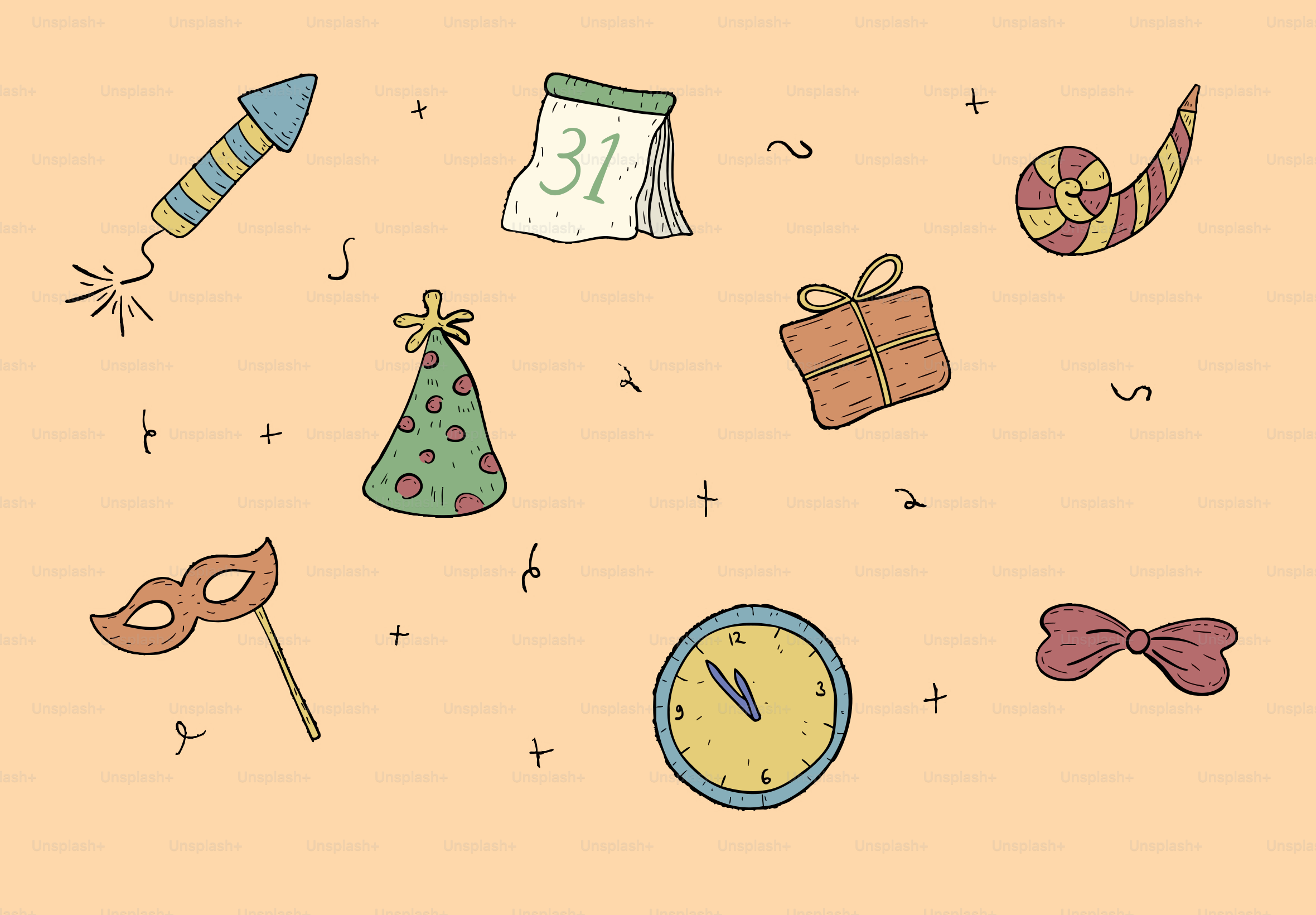 New year's eve party elements scattered on a peach background.