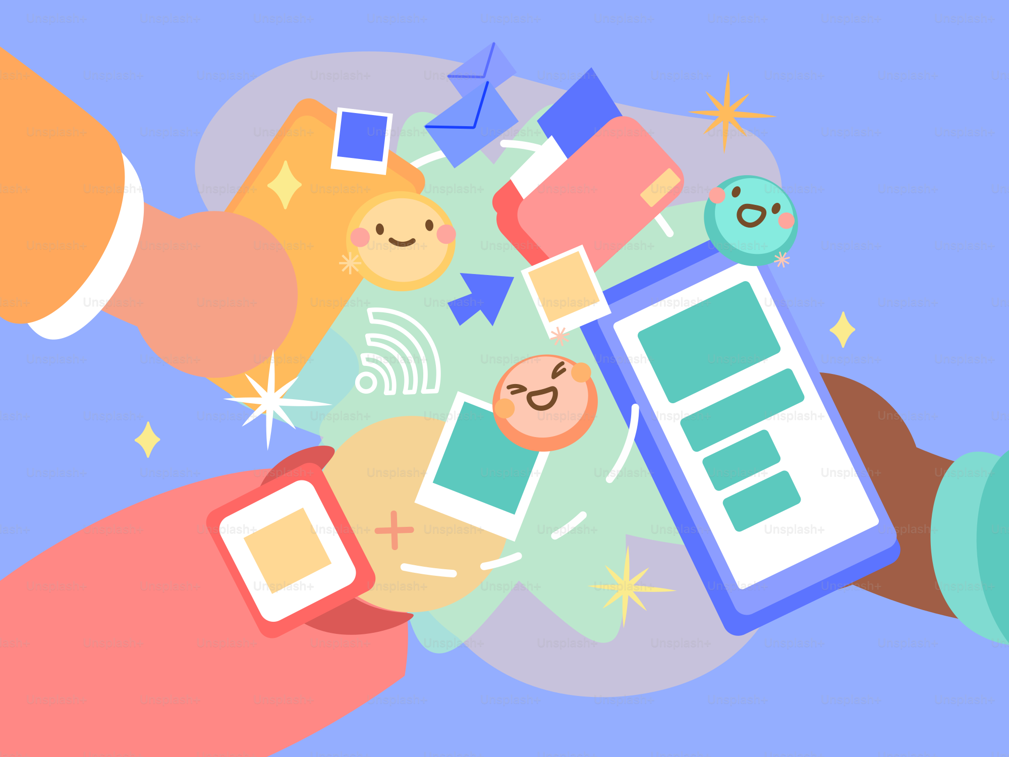 Hands holding phones with social media icons floating around