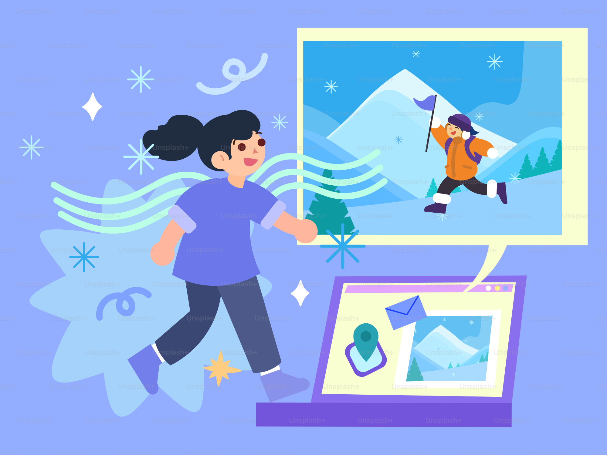 Girl walks towards a laptop showing mountain climbing adventure