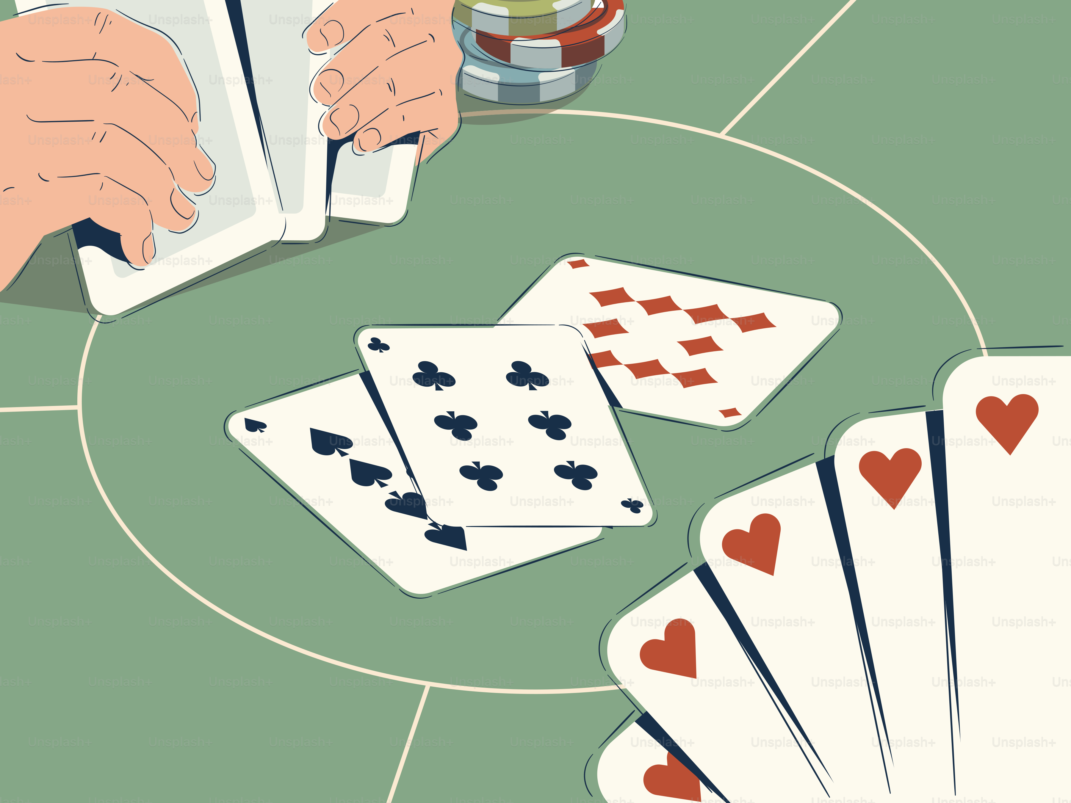 Hands of cards on a poker table with chips.