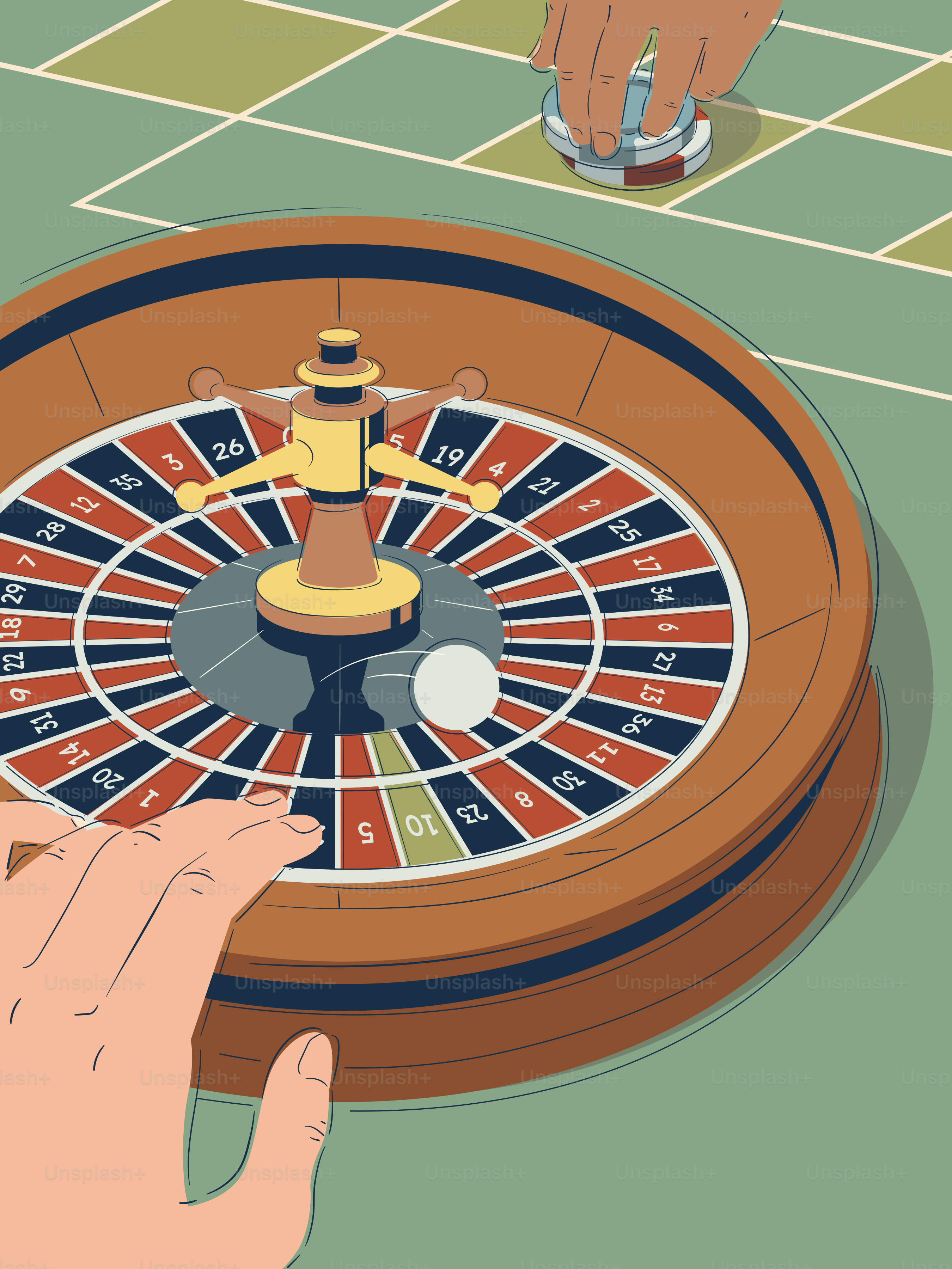 Mãos que jogam a roleta em uma tabela do casino.