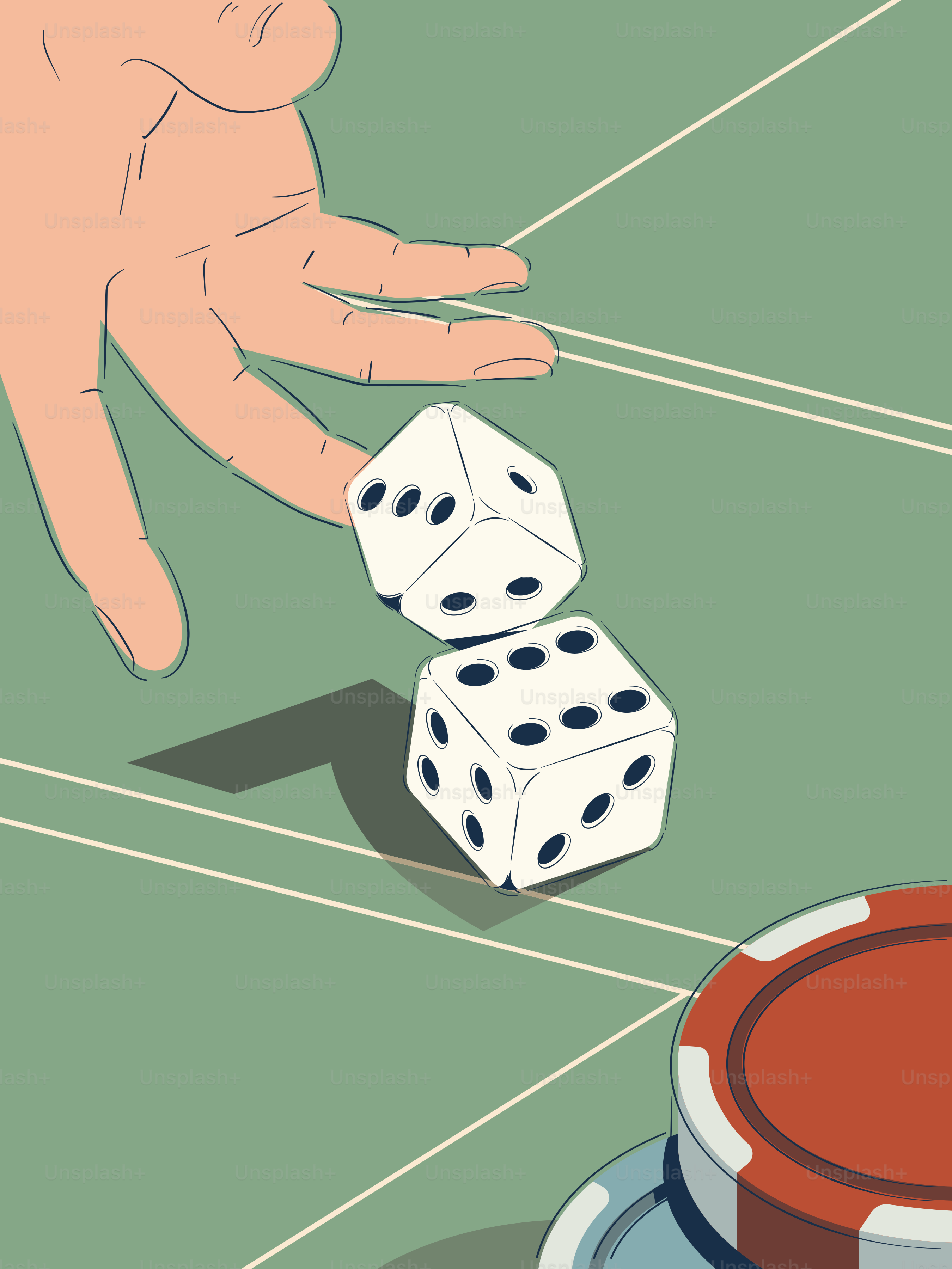 Eine Hand würfelt auf einem grünen Tisch.