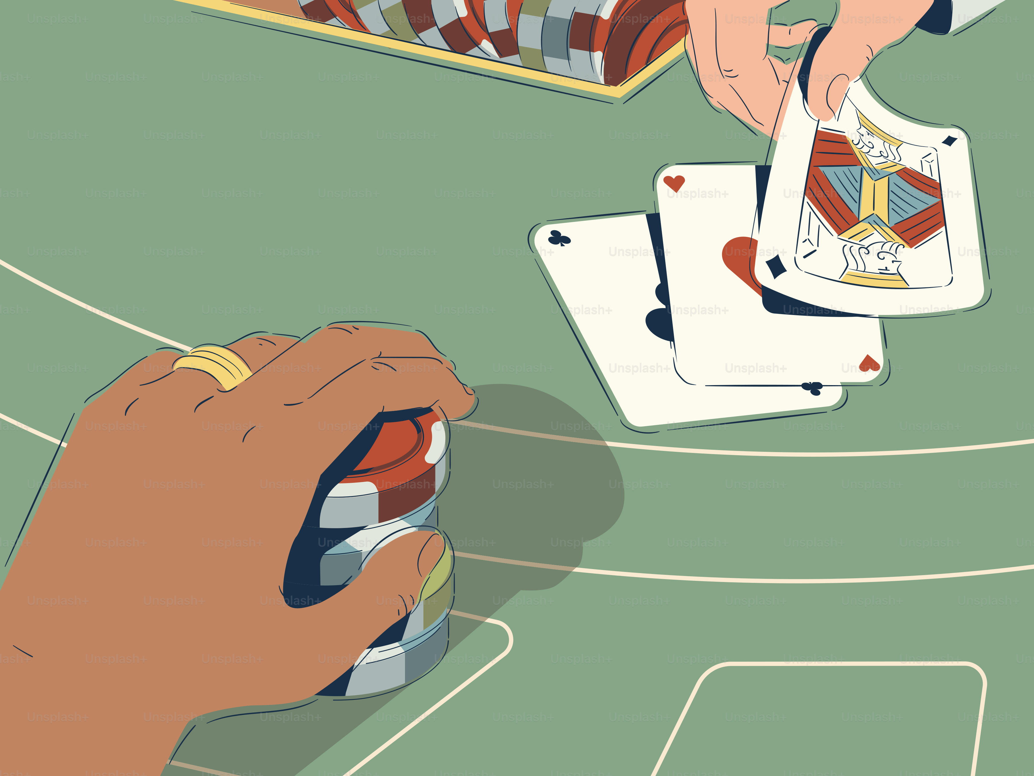 Mãos jogando cartas e segurando fichas na mesa