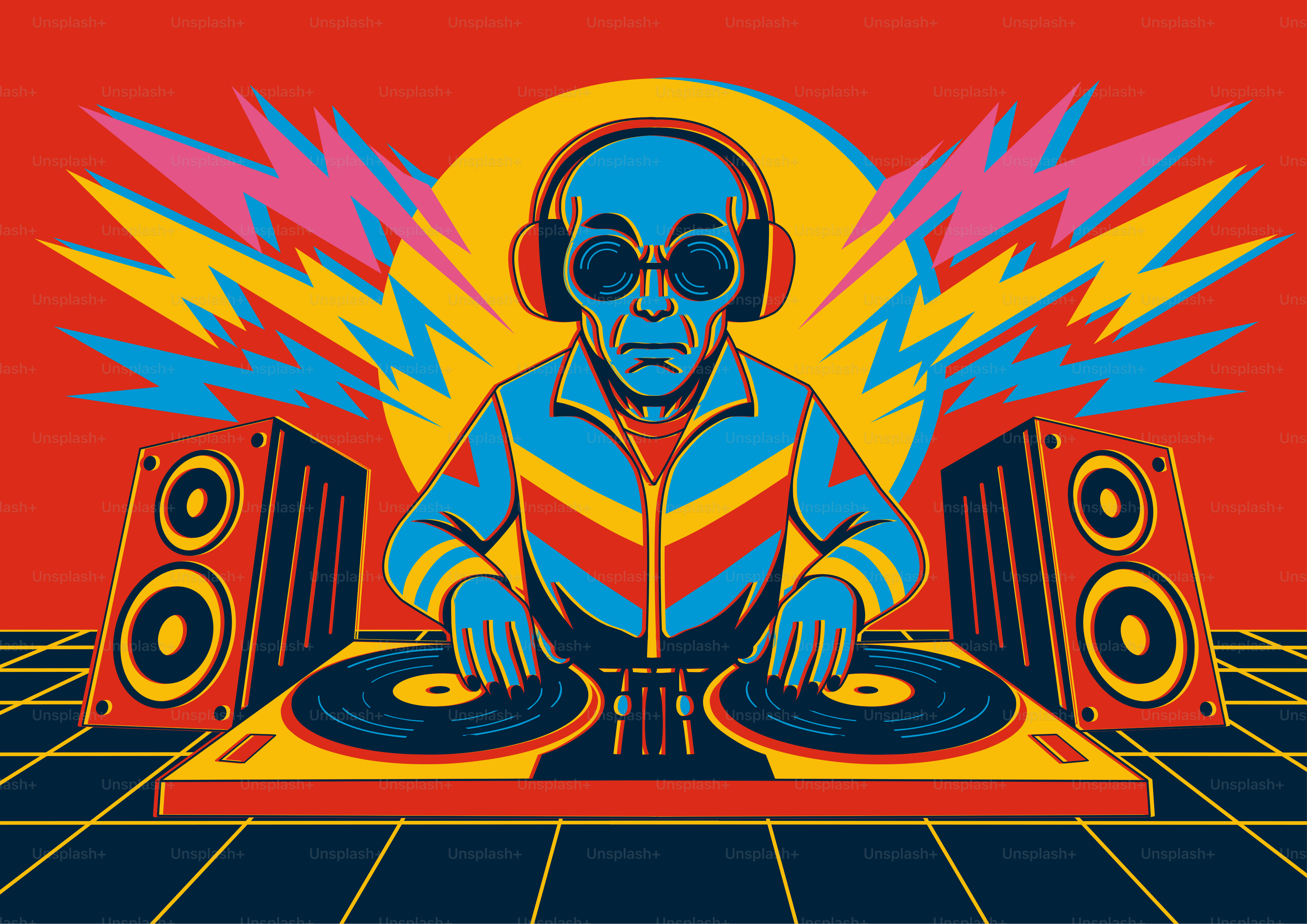 Dj with headphones and turntables playing music