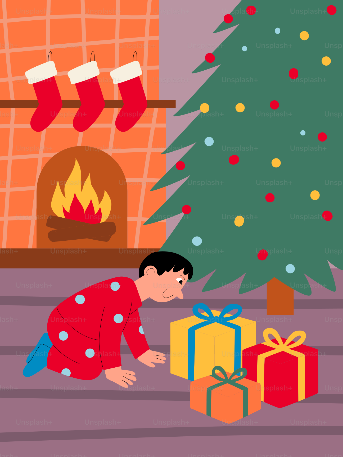 Bambino in pigiama che guarda i regali di Natale. vettoriale – Immagine di  Inverno su Unsplash, image size:3000x4000