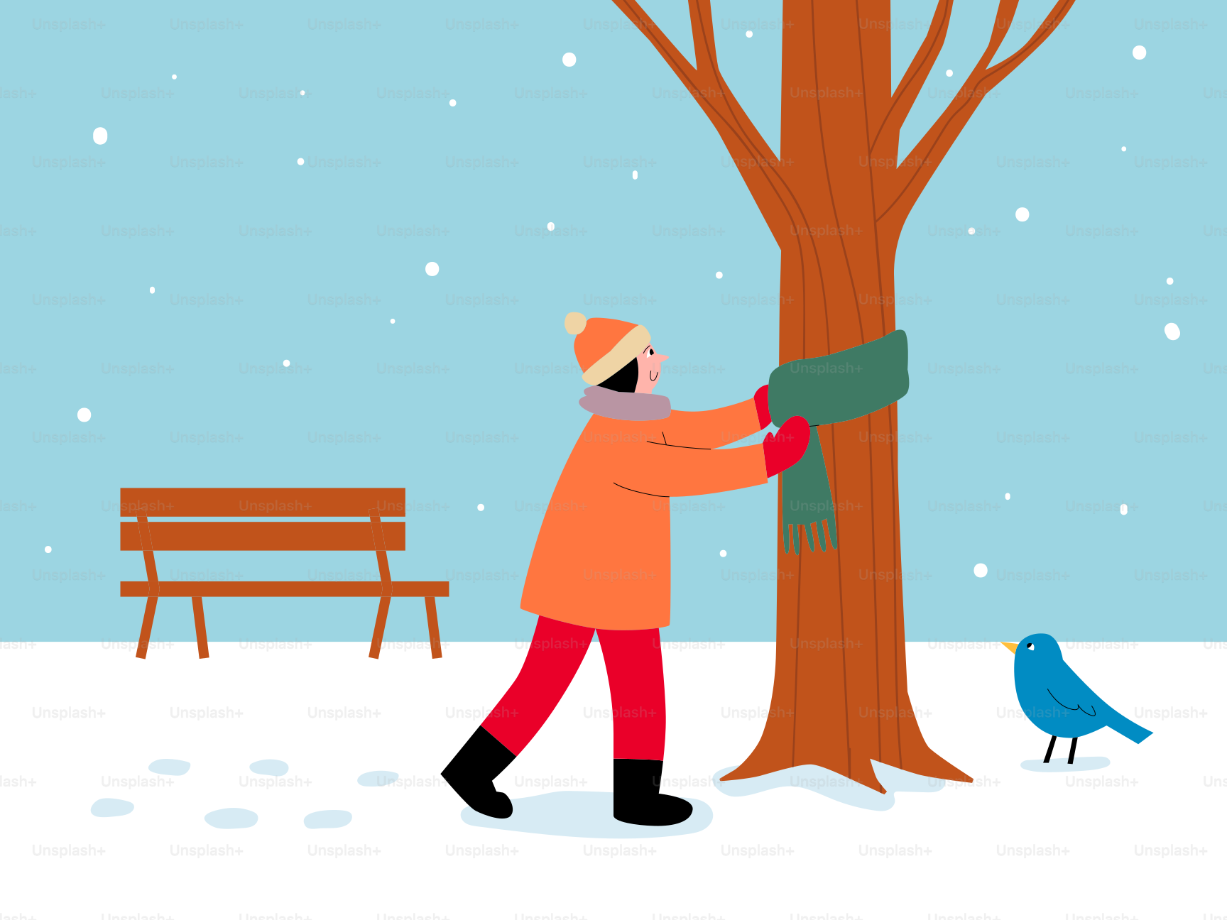 Person wraps scarf around tree in snowy park.