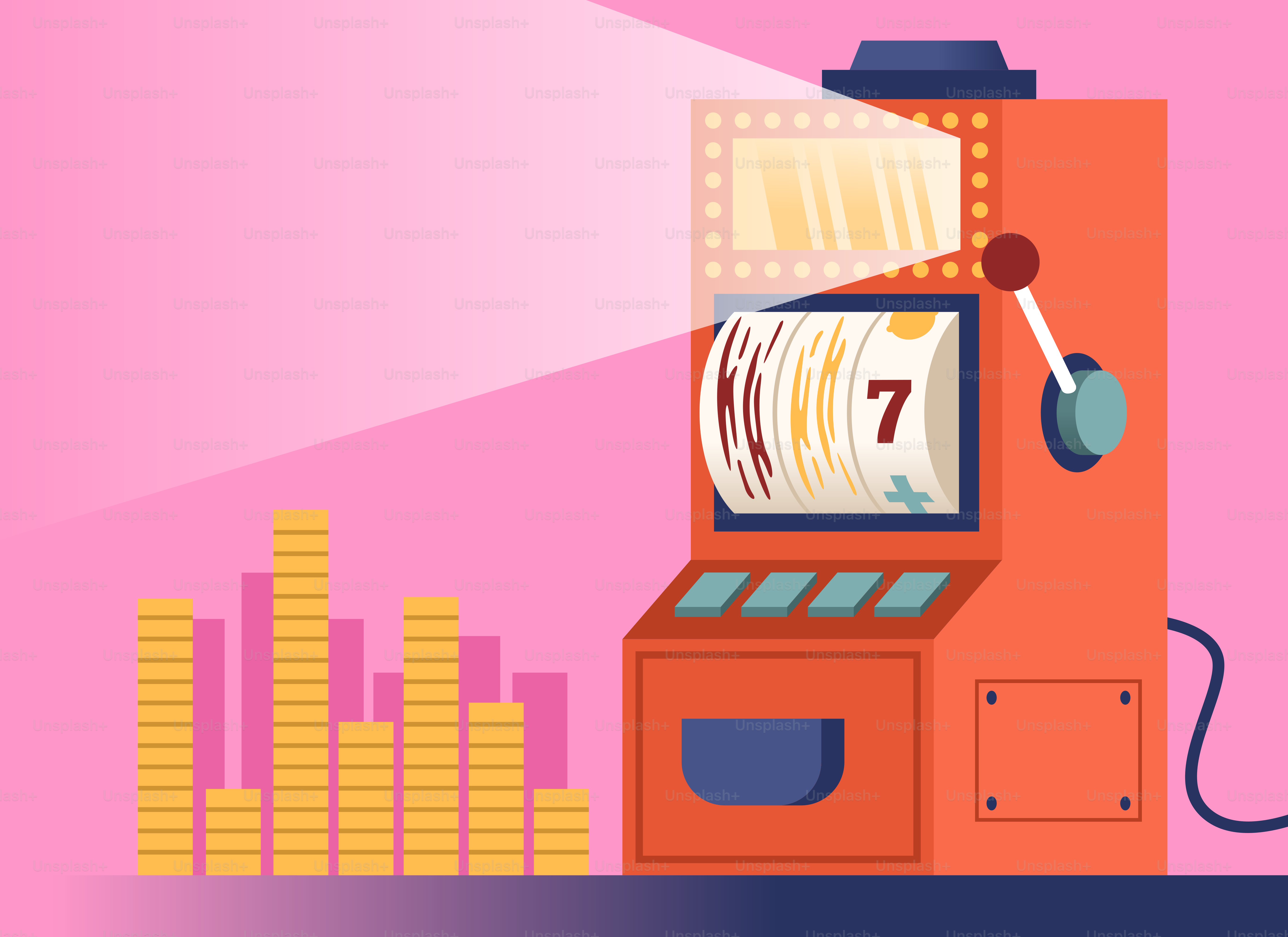 Slot machine with stacked coins and pink background