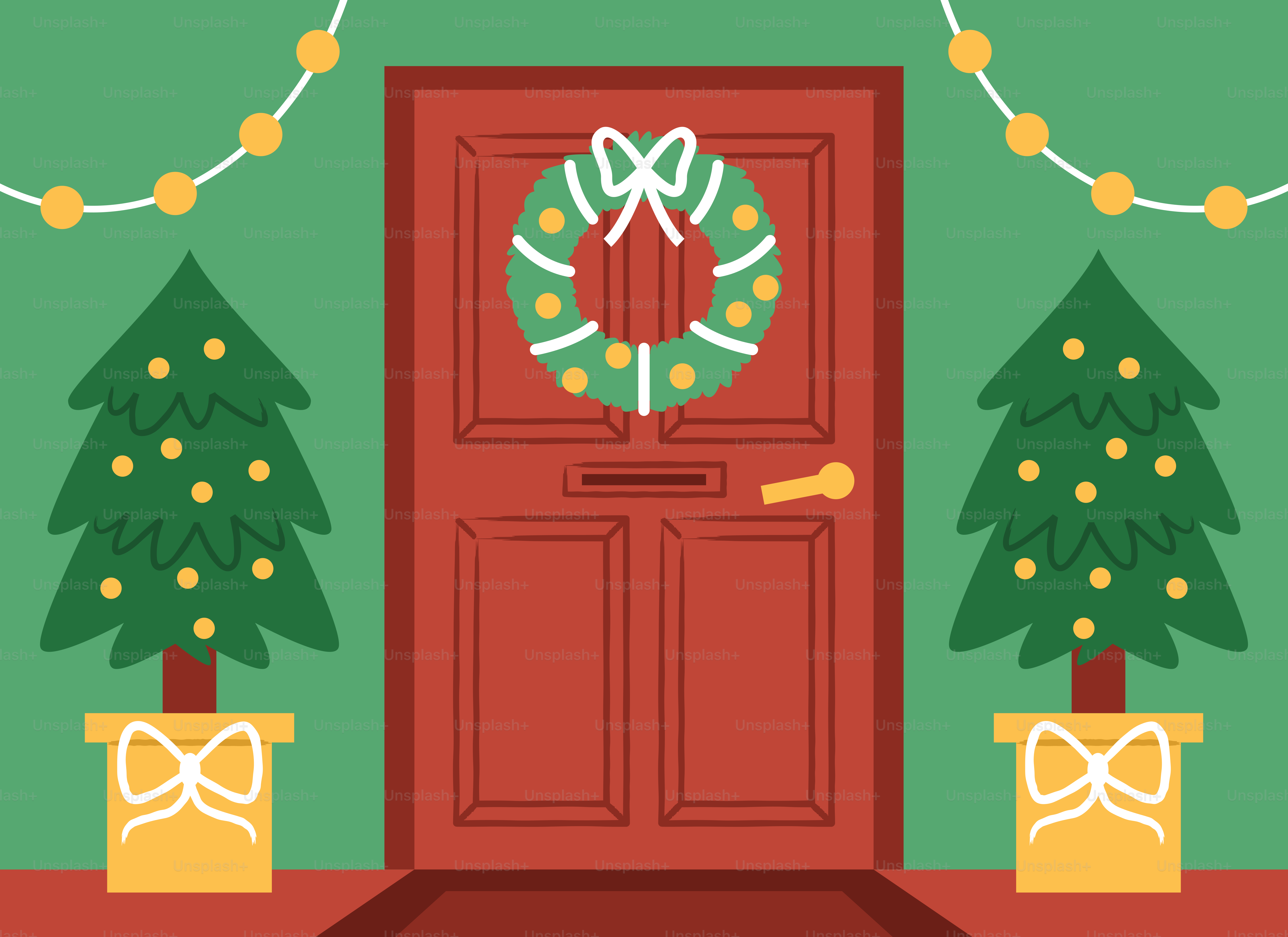 A red door decorated for christmas with trees and wreath