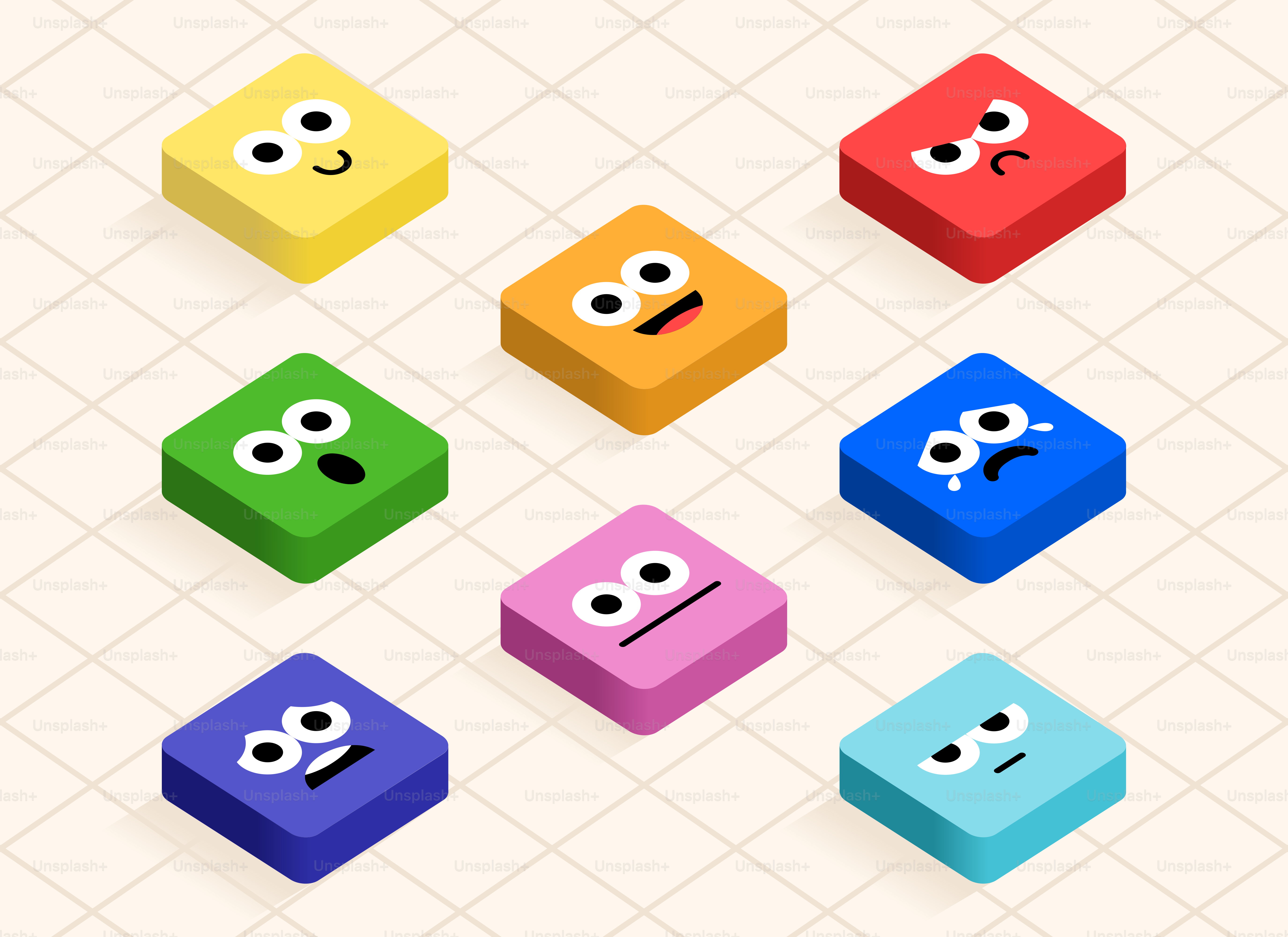 Eight colorful blocks with different cartoon faces.