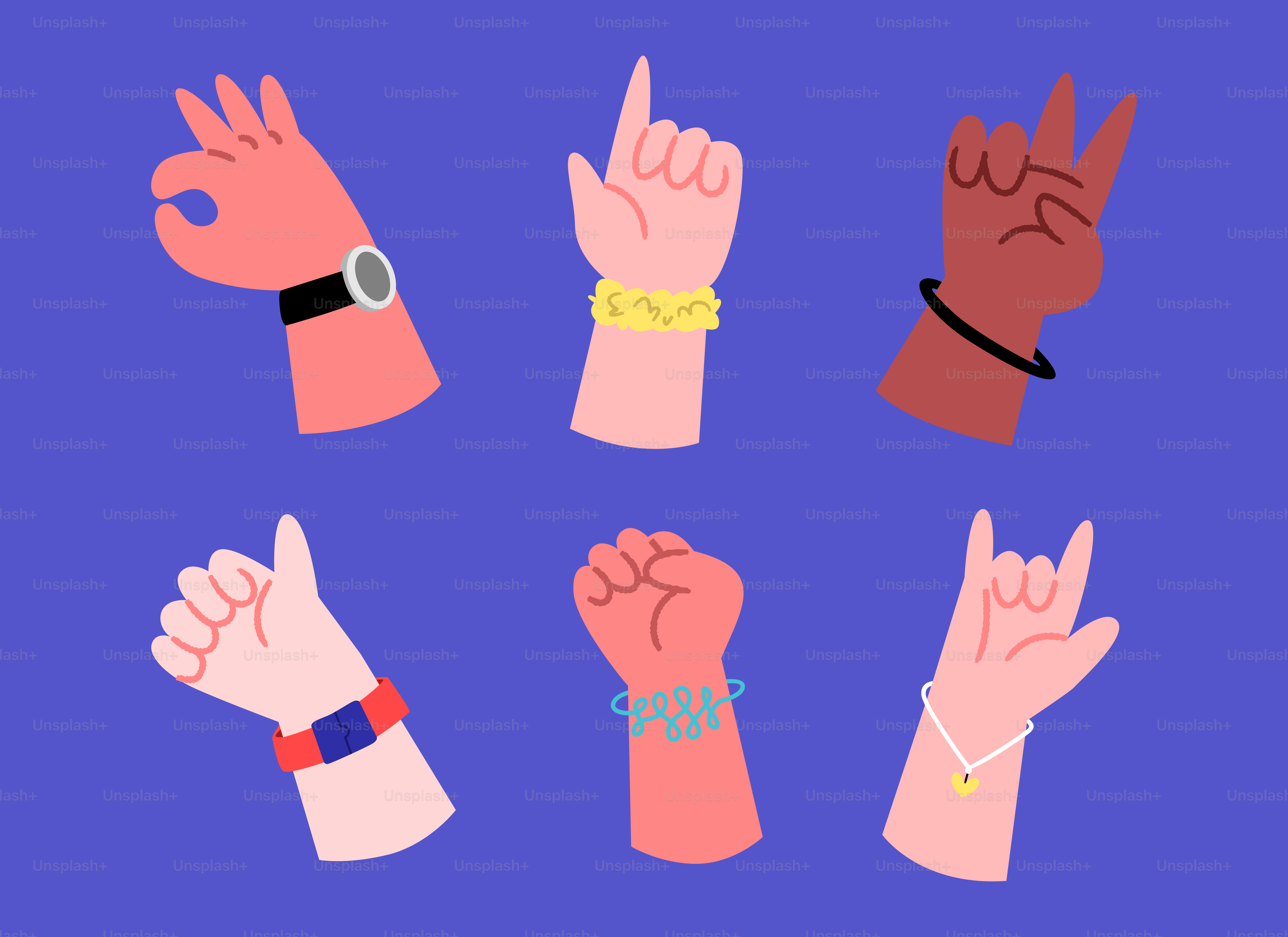 Six hands making different gestures with bracelets.