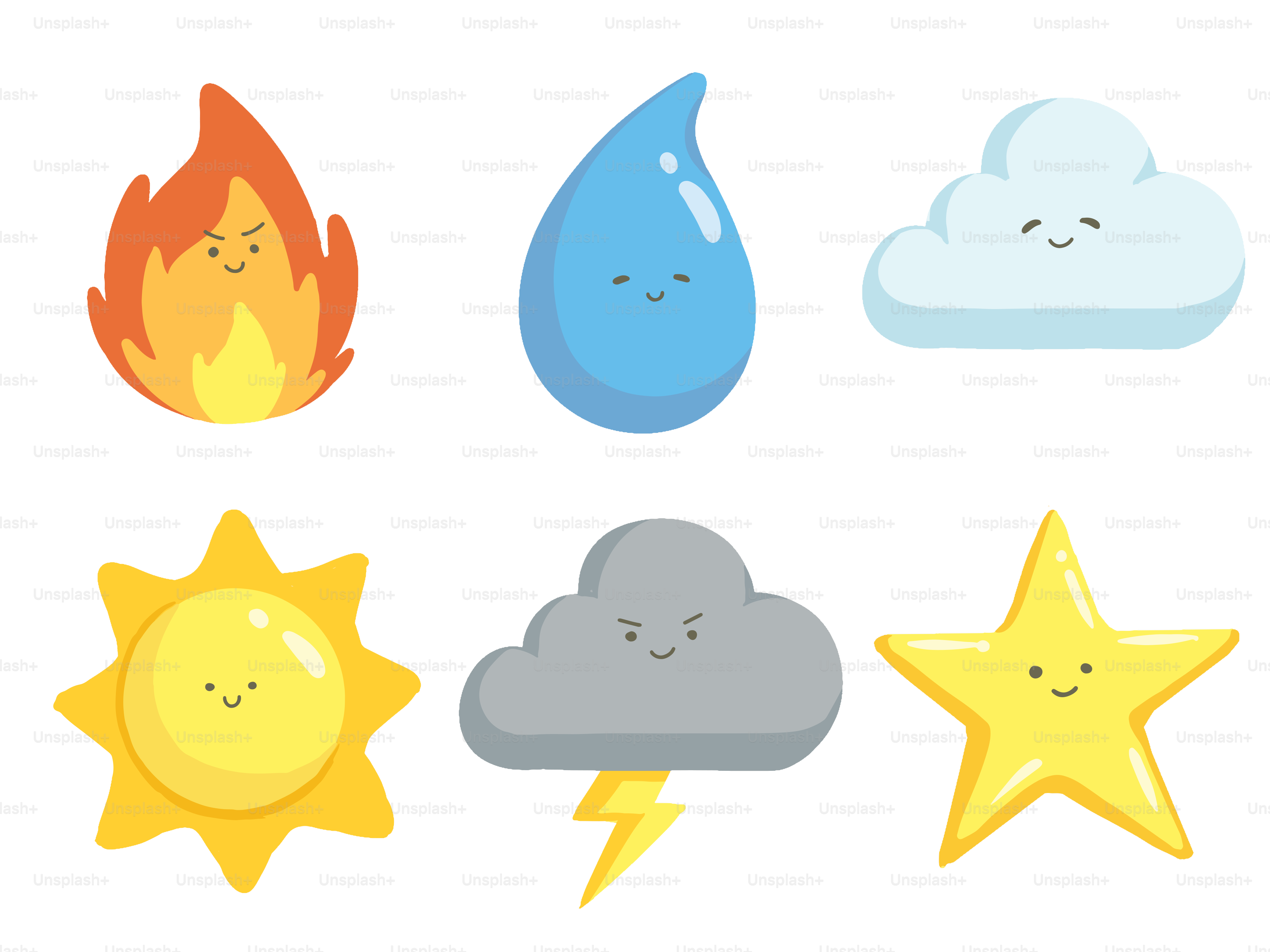 Cartoon-Elemente: Feuer, Wasser, Wolke, Sonne, Sturm, Stern