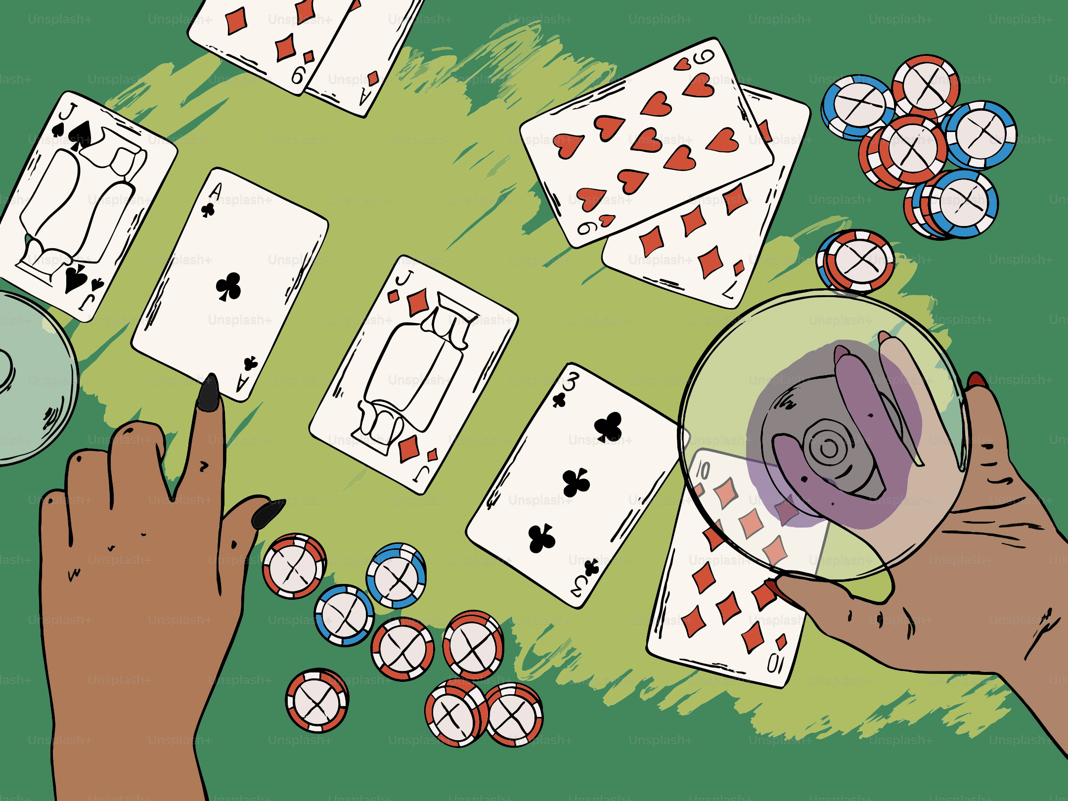 Tangan bermain kartu dan chip poker di atas meja hijau.