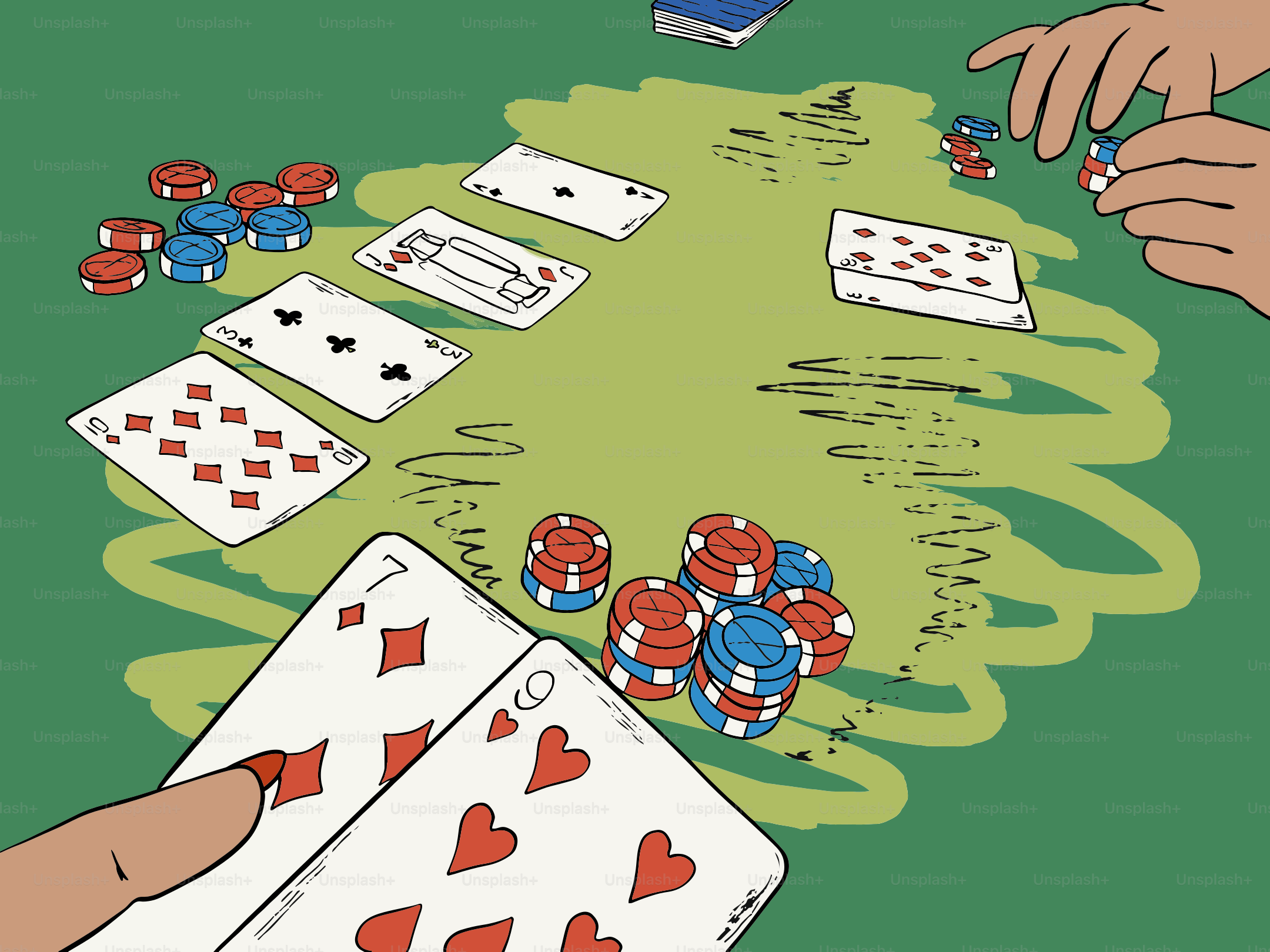 Tangan bermain poker dengan kartu dan chip.