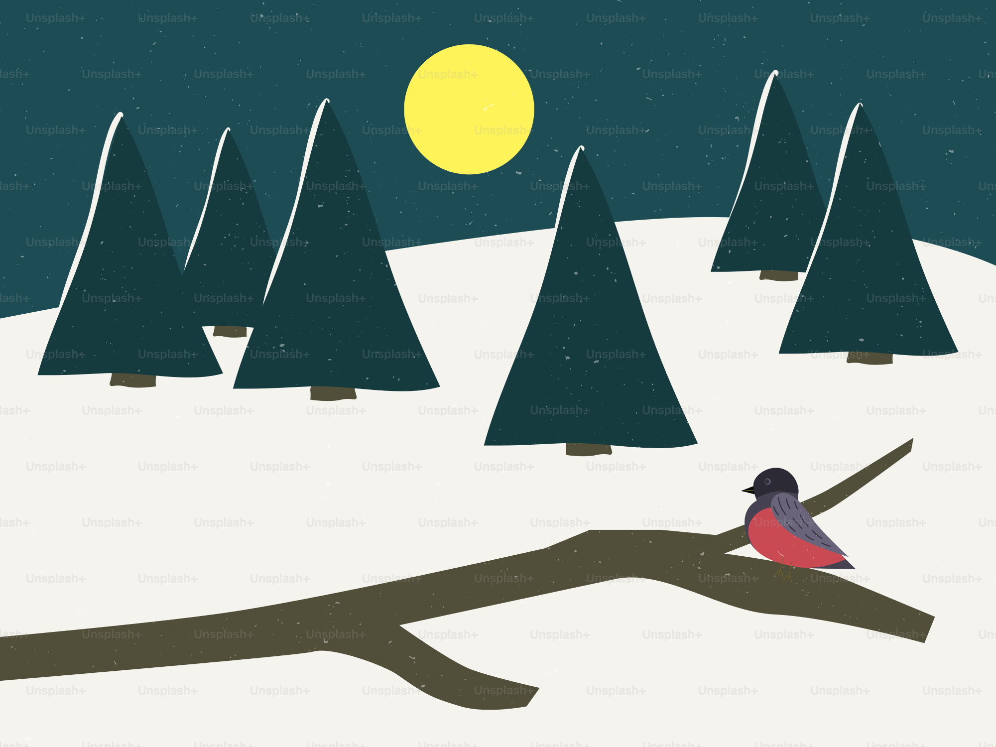 A lone bird rests on a snowy branch under moonlight.