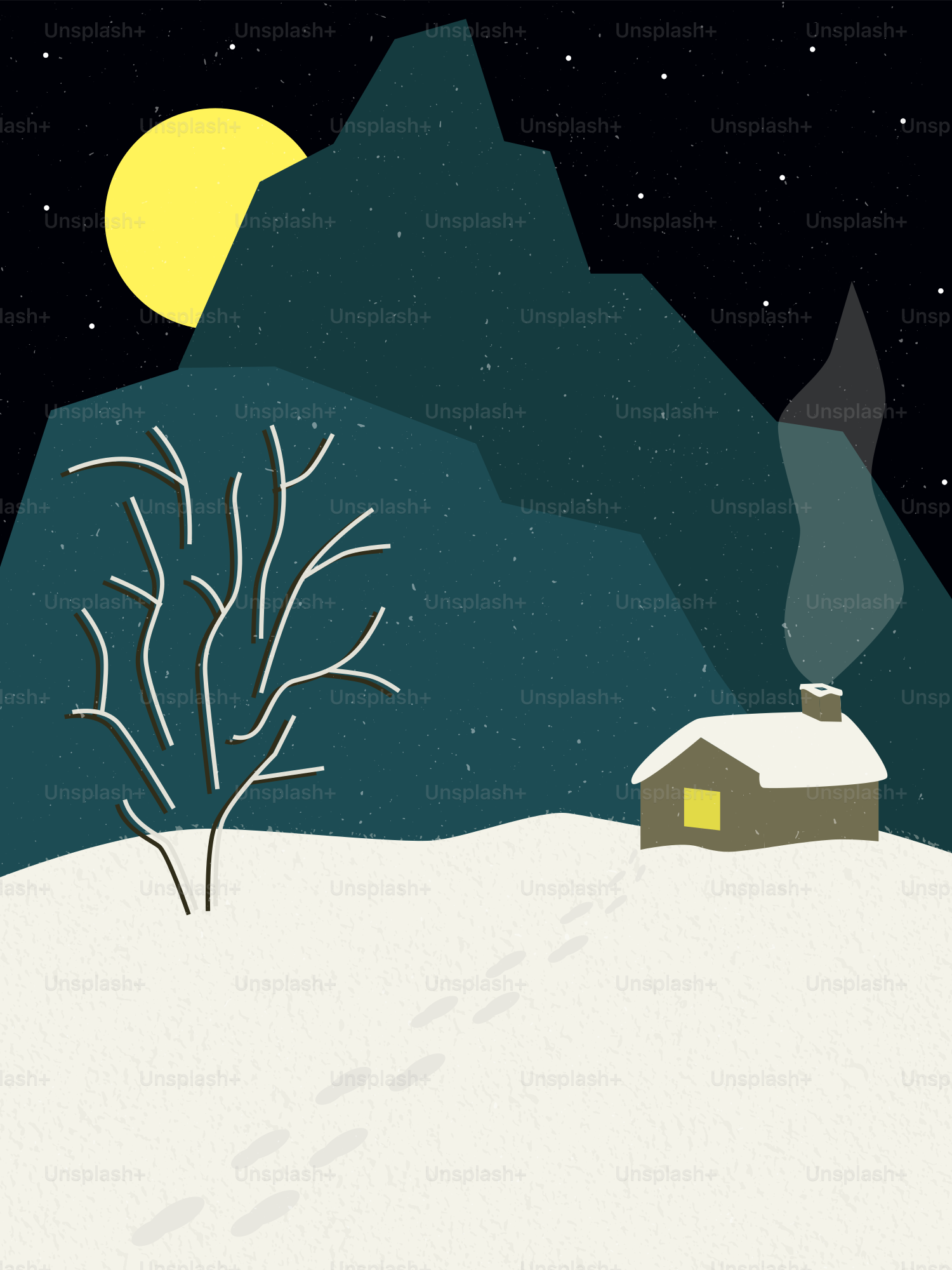Snowy landscape with a cabin and full moon.