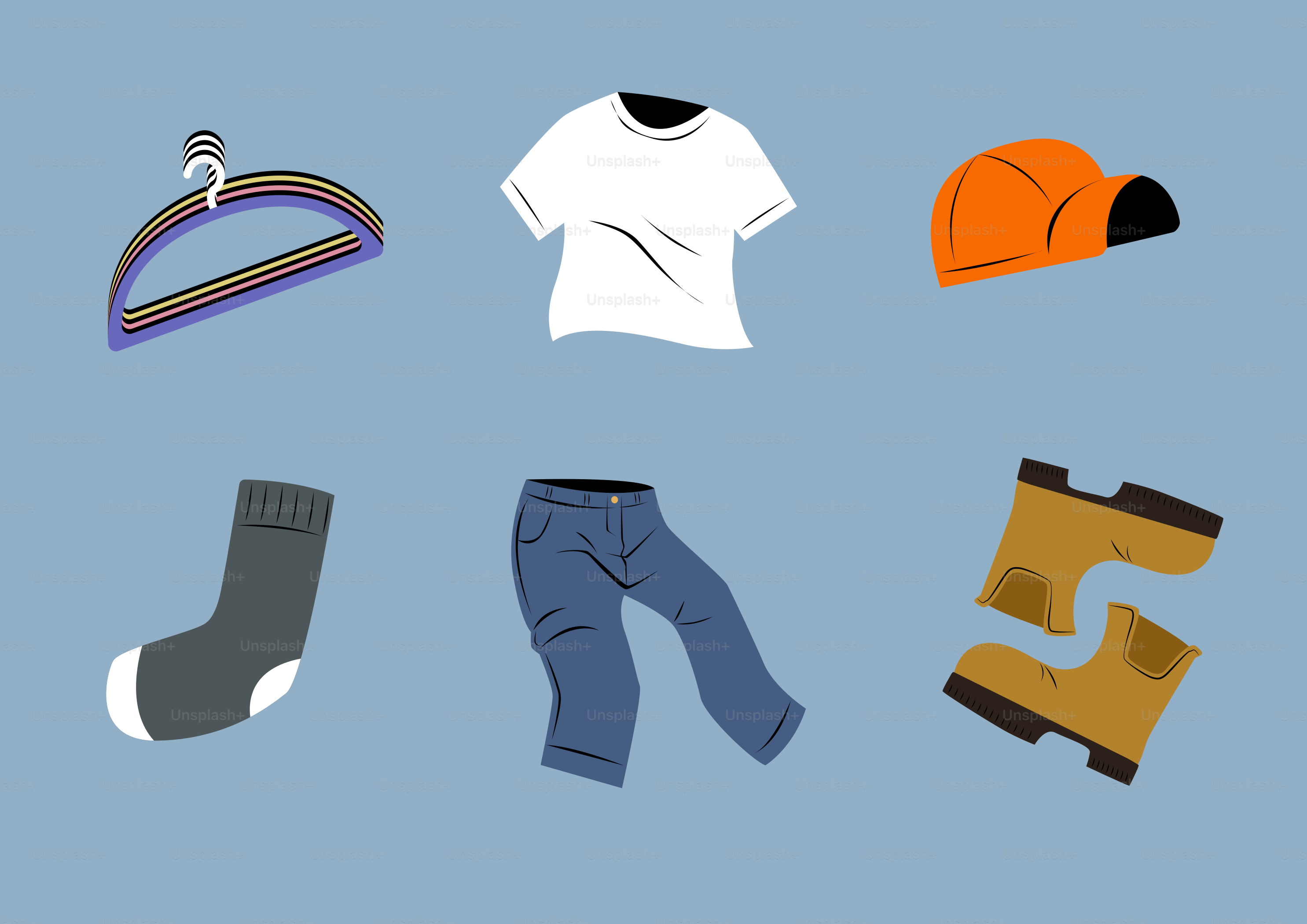 Vestiti e accessori disposti su uno sfondo blu.