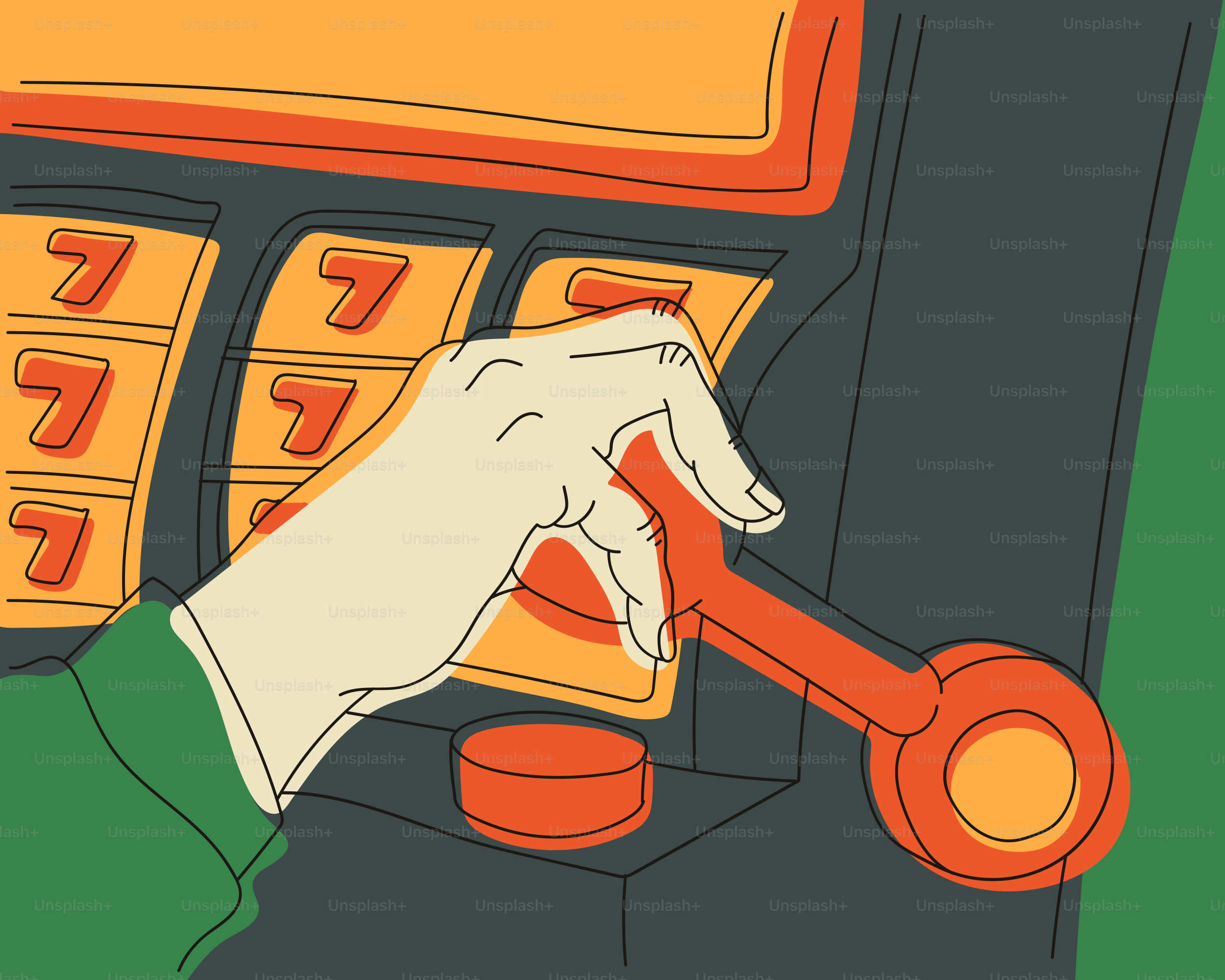 Hand pulling lever on a slot machine with sevens